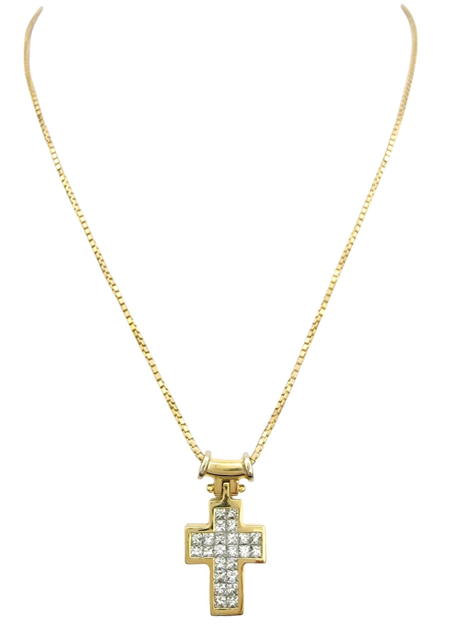 Contemporary Invisible Set Princess Cut Diamond Cross Pendant Necklace in Yellow Gold For Sale