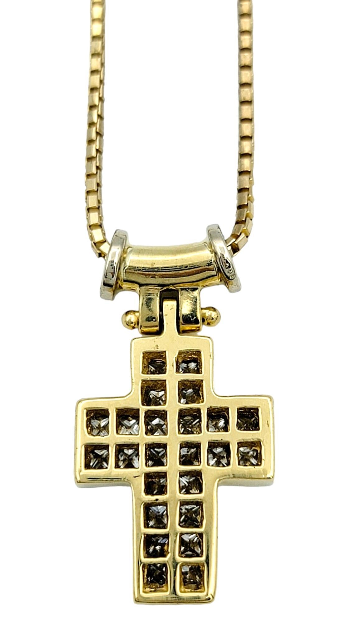 Invisible Set Princess Cut Diamond Cross Pendant Necklace in Yellow Gold For Sale 2