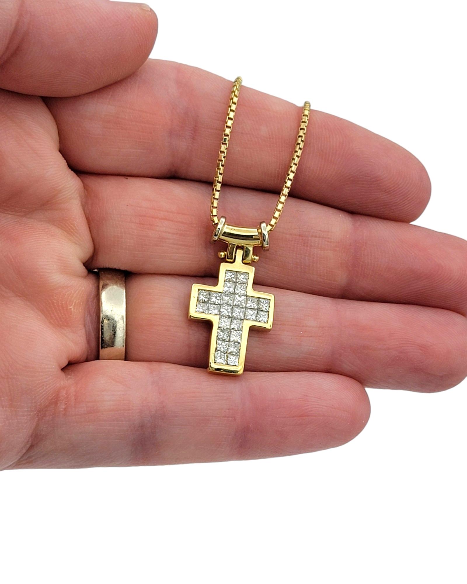 Invisible Set Princess Cut Diamond Cross Pendant Necklace in Yellow Gold For Sale 3