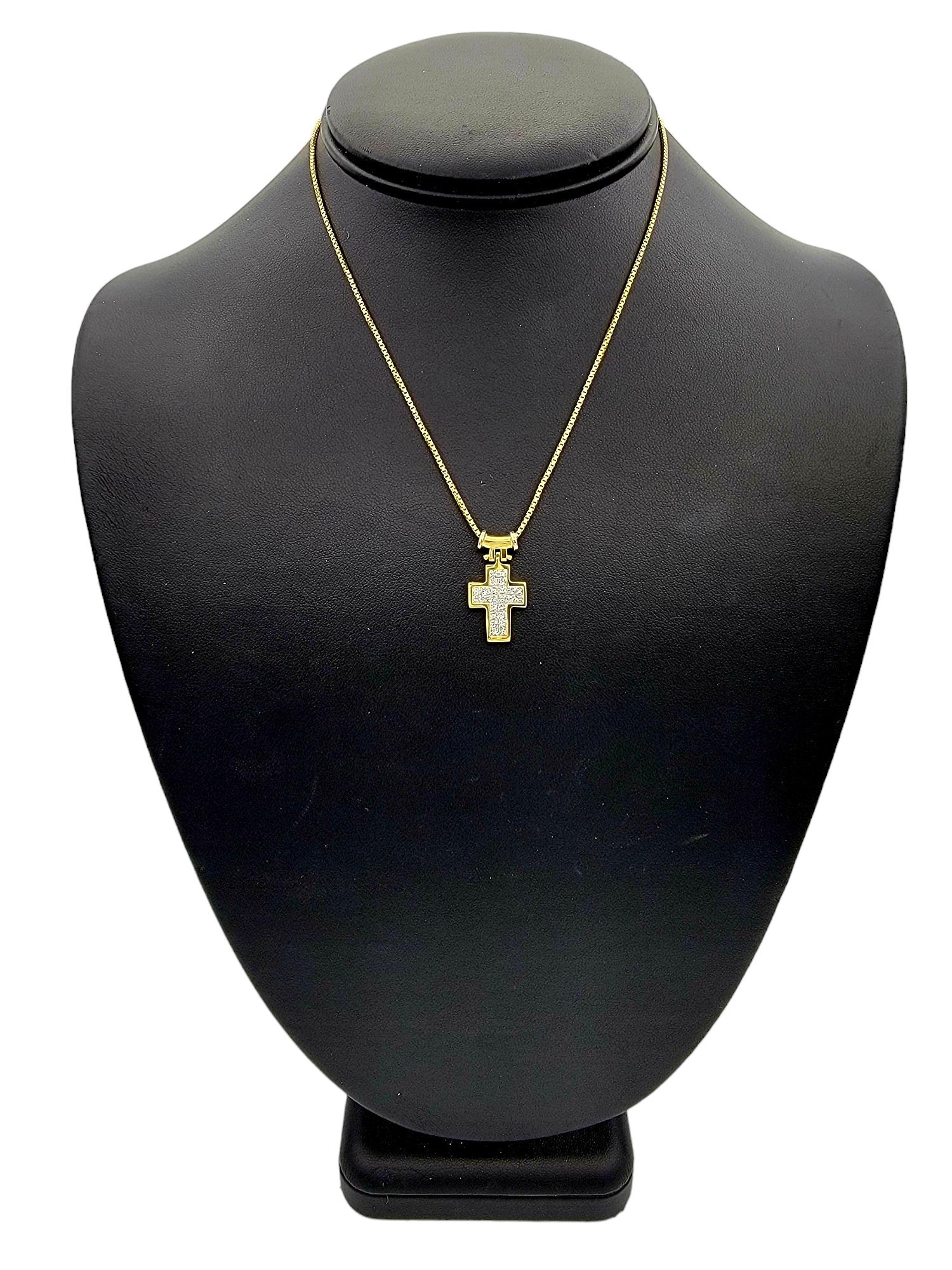 Invisible Set Princess Cut Diamond Cross Pendant Necklace in Yellow Gold For Sale 4