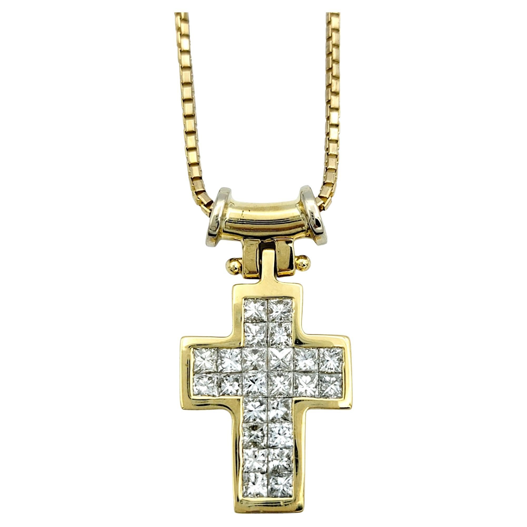 Invisible Set Princess Cut Diamond Cross Pendant Necklace in Yellow Gold