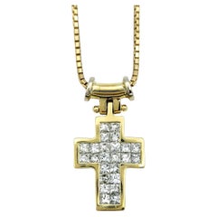 Invisible Set Princess Cut Diamond Cross Pendant Necklace in Yellow Gold