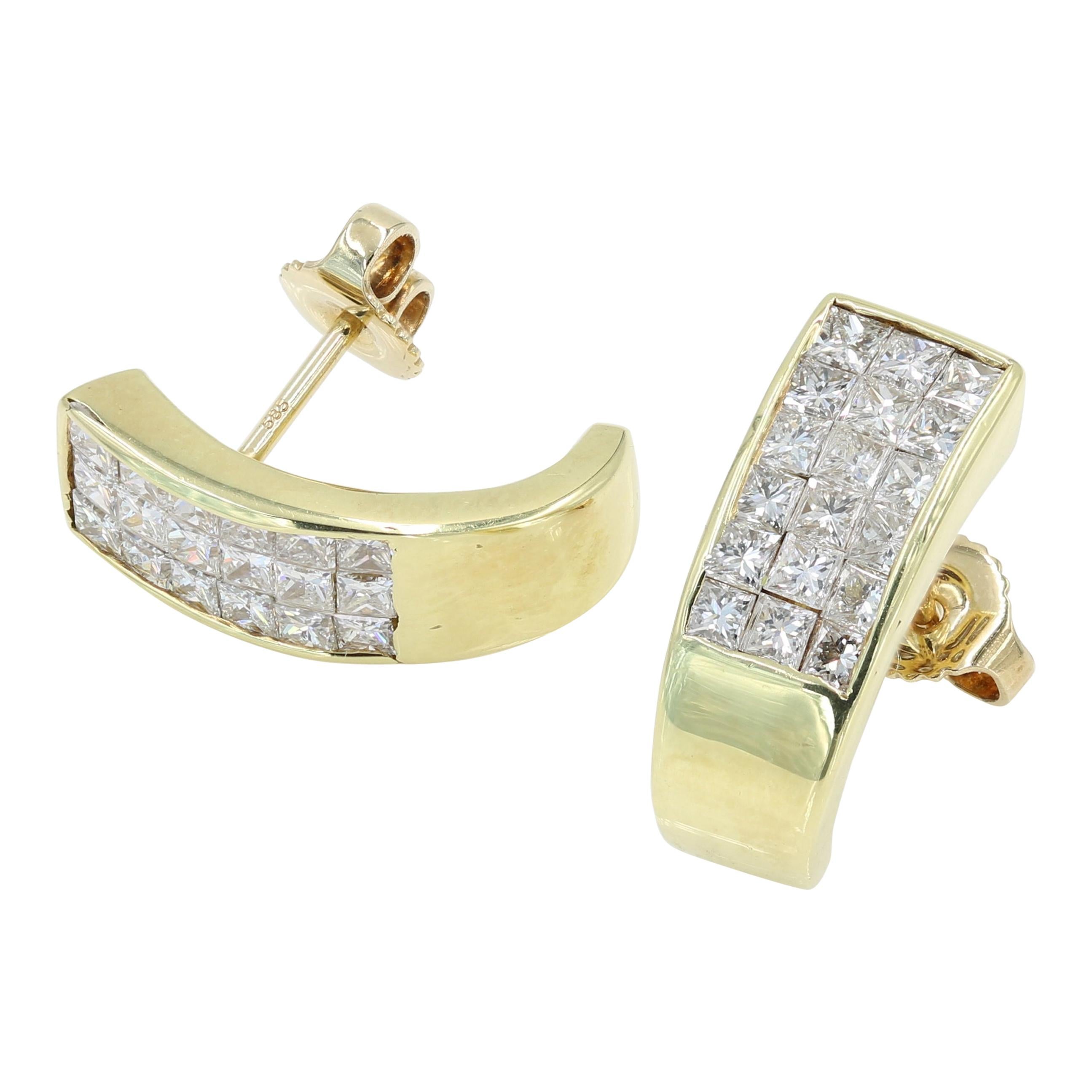 Invisible Set Princess Cut Diamond Earrings in 18 Karat Yellow Gold For Sale