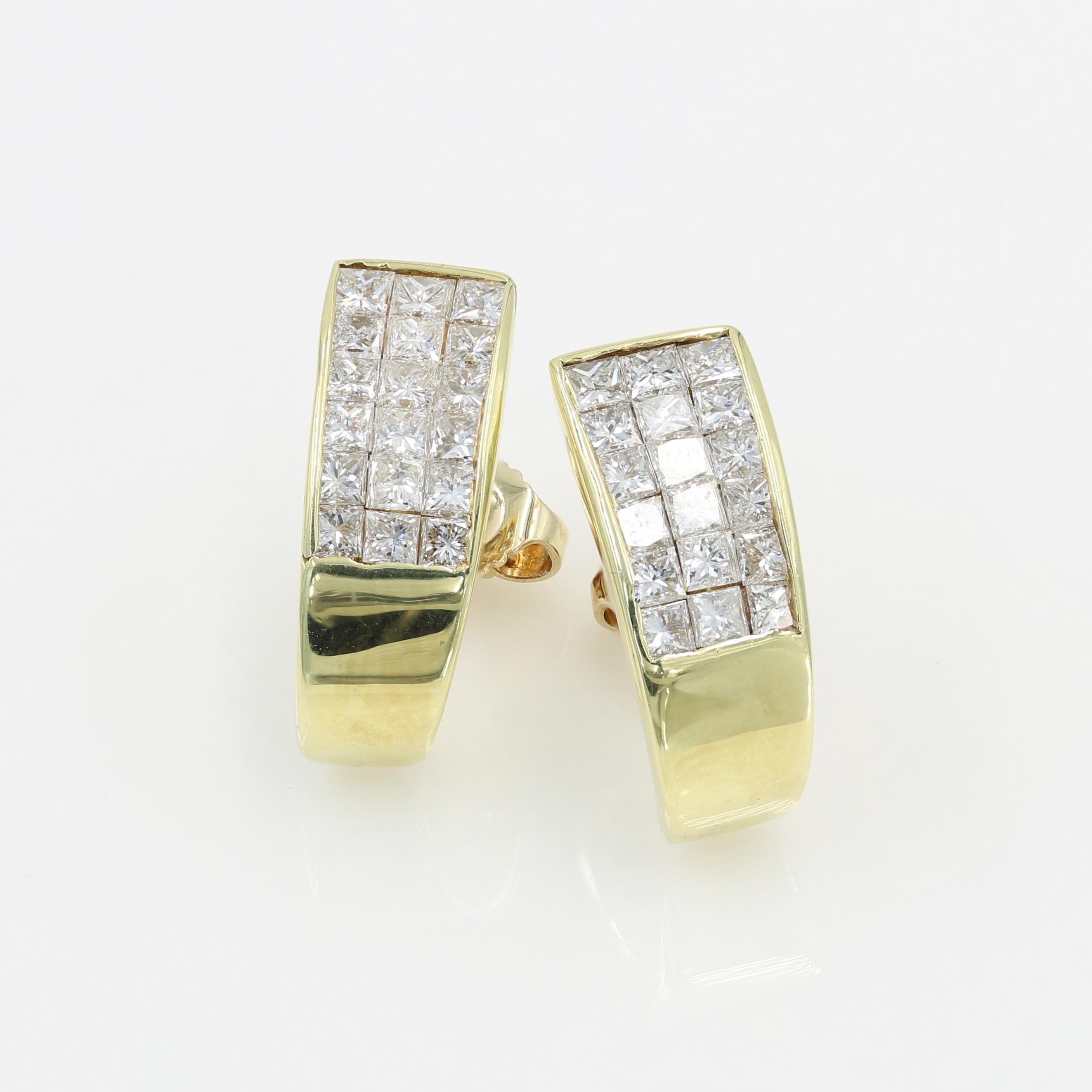 Invisible set princess cut diamond earrings in 18kt yellow gold (backs are 14kt) - 36 Princess Cut Diamonds =  approx. 1.75tw  G/H color VS clarity - Post & Clutch back - Pre-owned but restored to like new condition