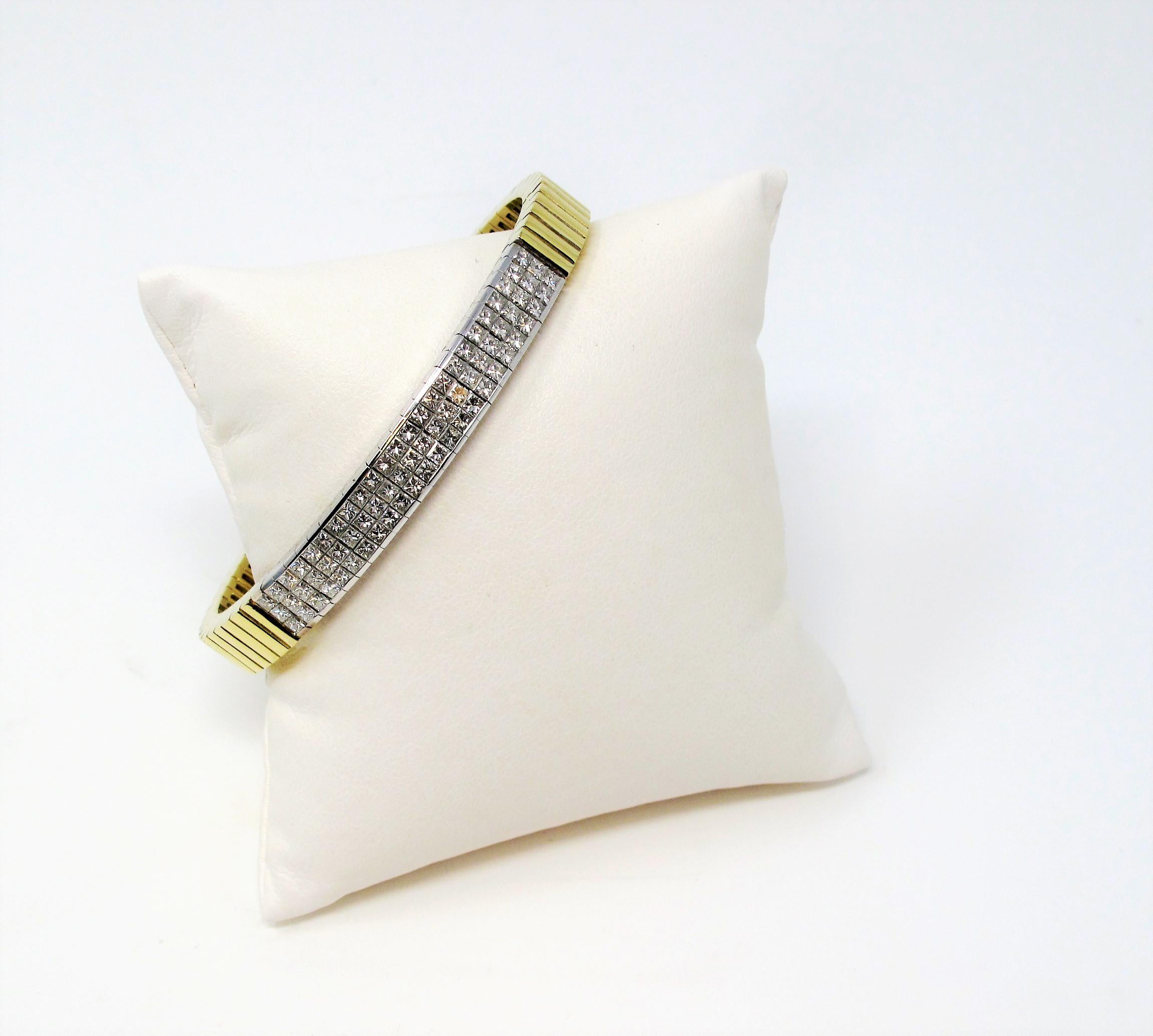 Contemporary Invisible Set Princess Cut Diamond Line Bracelet with Two-Tone 18 Karat Gold