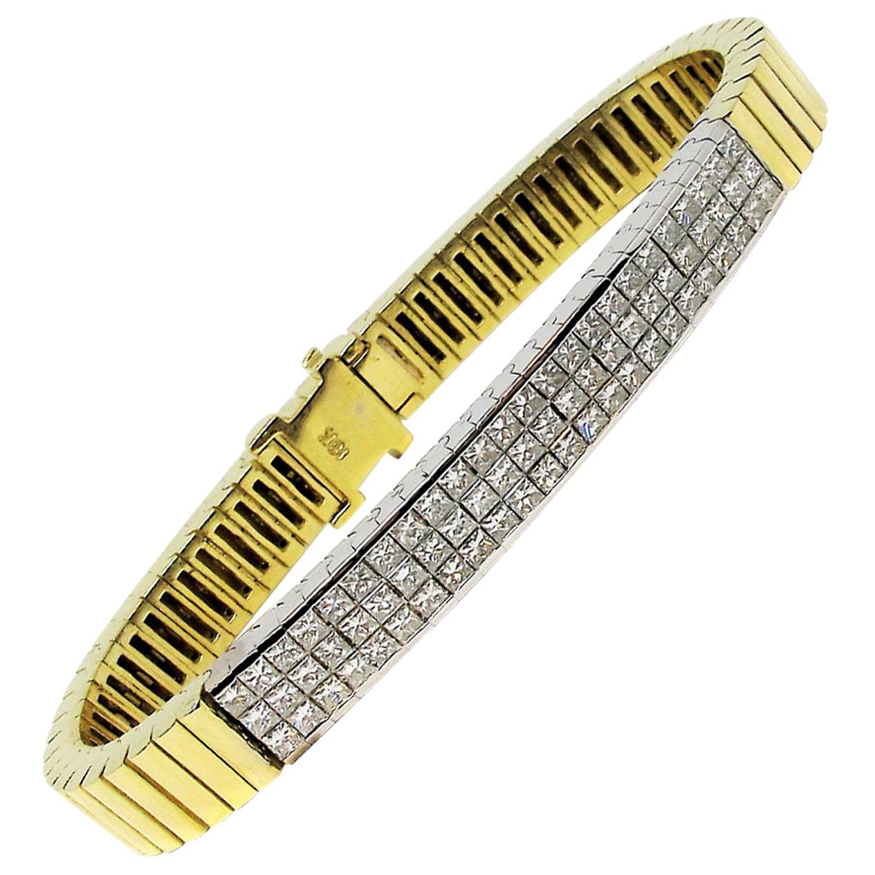 Invisible Set Princess Cut Diamond Line Bracelet with Two-Tone 18 Karat Gold For Sale