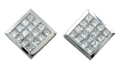Invisible Set Princess Cut Diamond Omega Back Earrings in 18 Karat White Gold