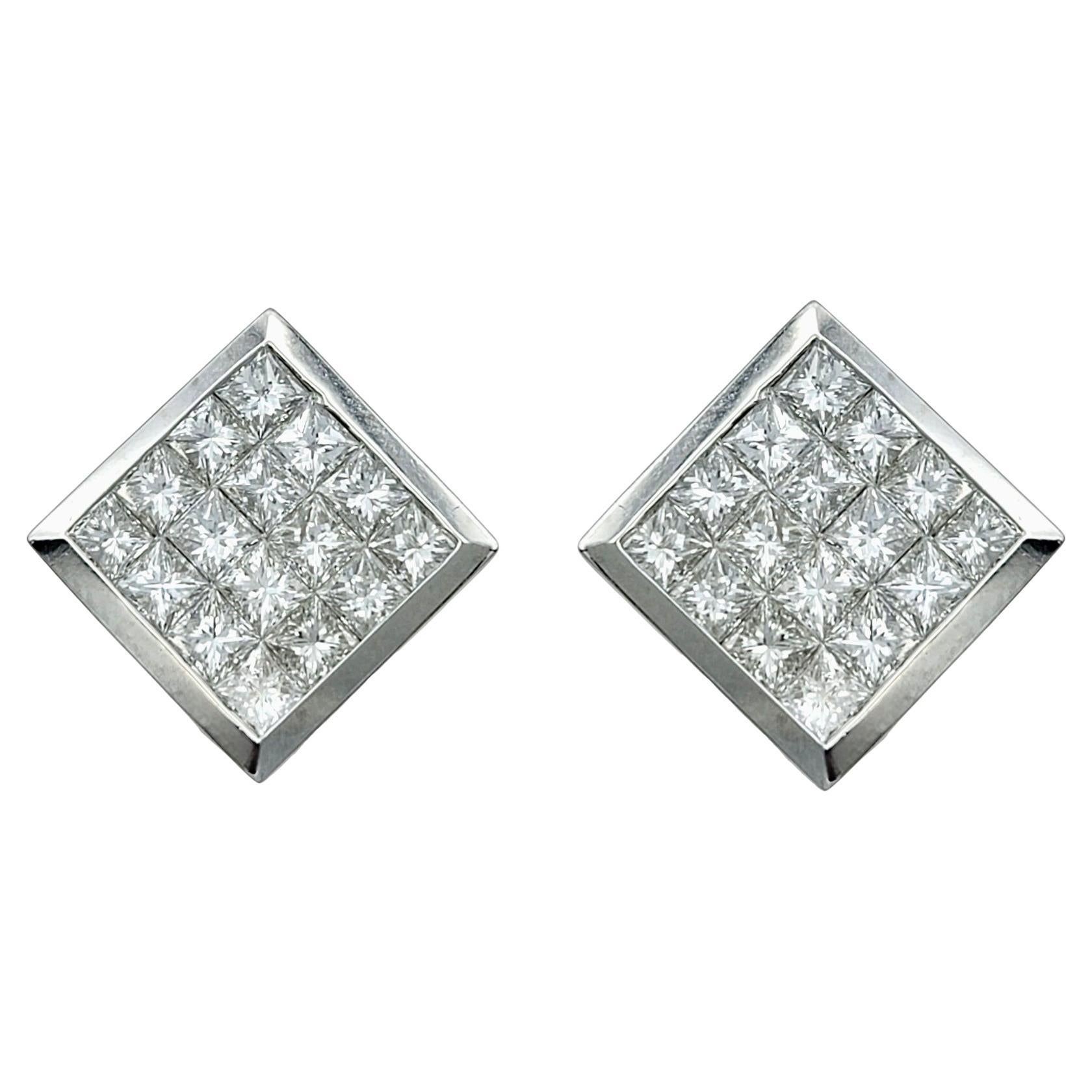 Invisible Set Princess Cut Diamond Omega Back Earrings in 18 Karat White Gold
