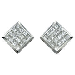 Invisible Set Princess Cut Diamond Omega Back Earrings in 18 Karat White Gold