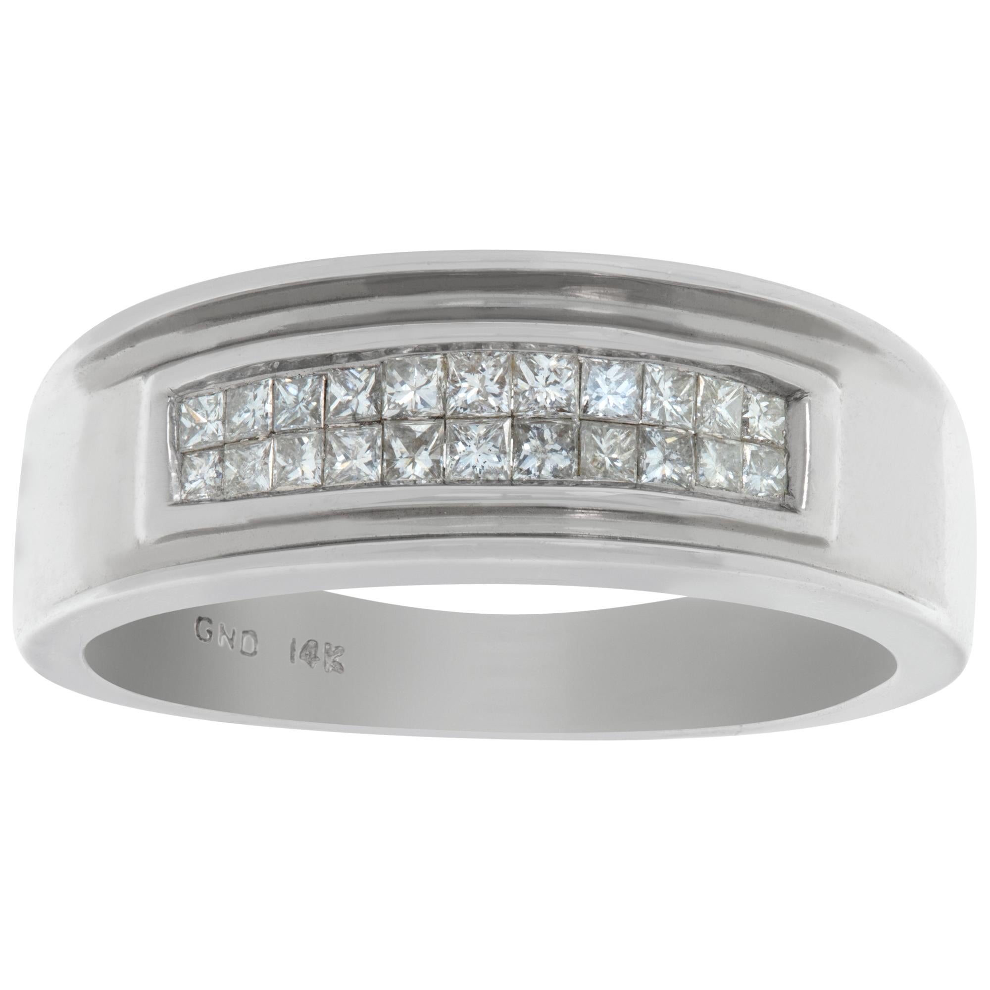 Invisible set princess-cut diamond ring in 14k white gold with approximatley 0.88 carat in diamonds. Size 11, head measures 8.1mm,  shank measures 3.3mm.This Diamond ring is currently size 11 and some items can be sized up or down, please ask! It