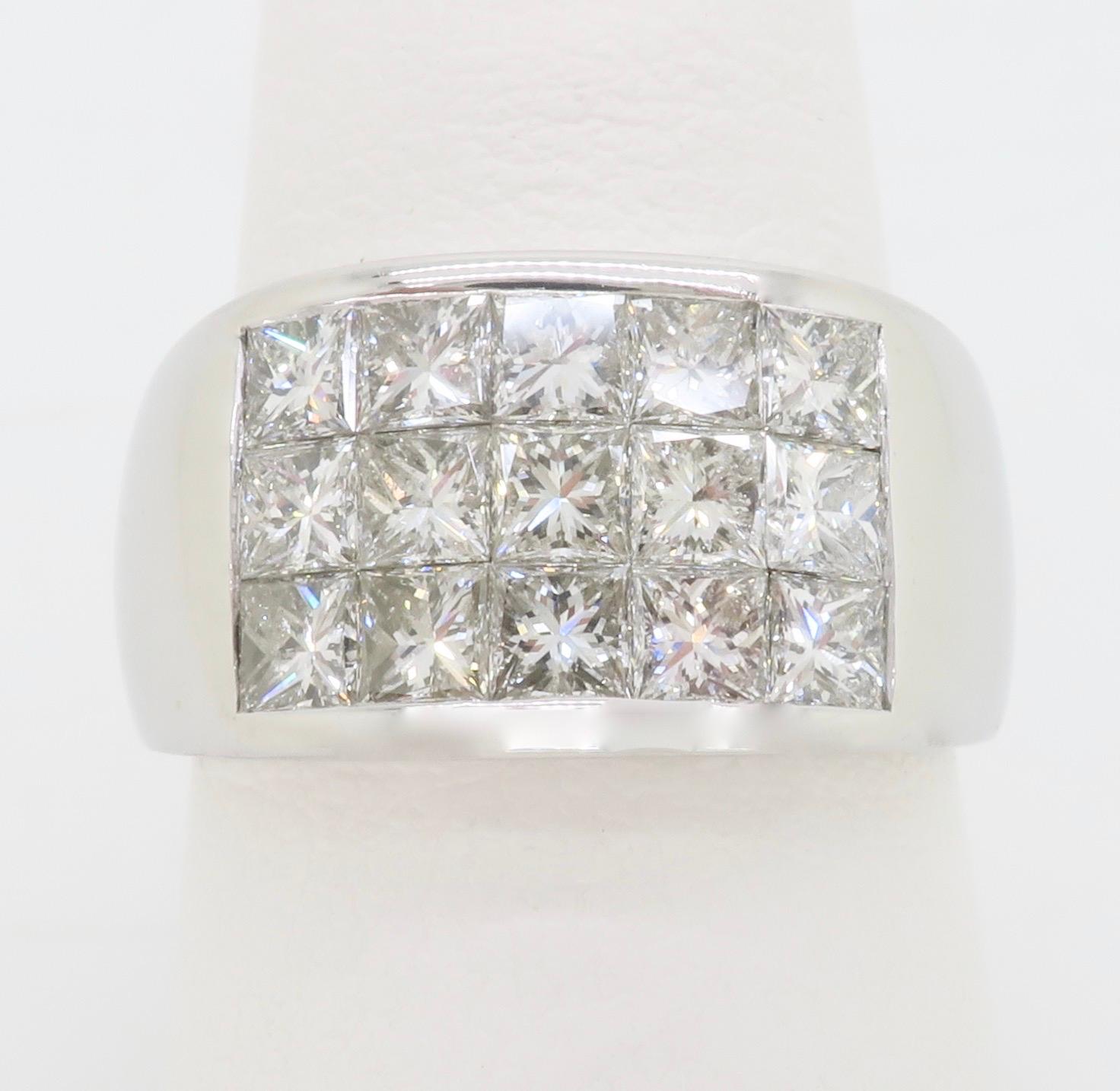 Brilliant precision set princess cut diamond ring made in 18k white gold. 

Diamond Cut: Princess Cut
Total Diamond Carat Weight: Approximately 2.58CTW
Average Diamond Color: F-H
Average Diamond Clarity: VS-SI
Metal: 18k White Gold
Ring Size: 6 -
