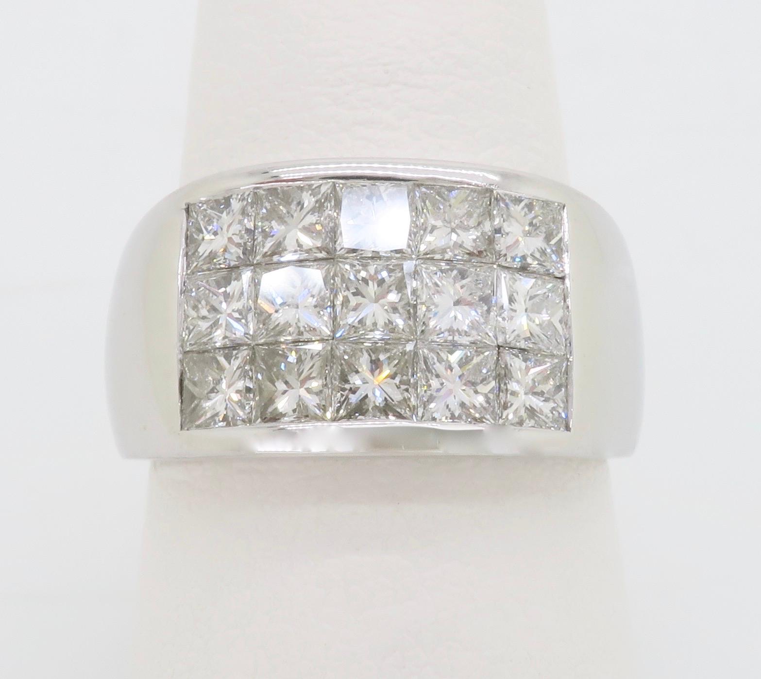 Women's or Men's Invisible Set Princess Cut Diamond Ring Made in 18k White Gold