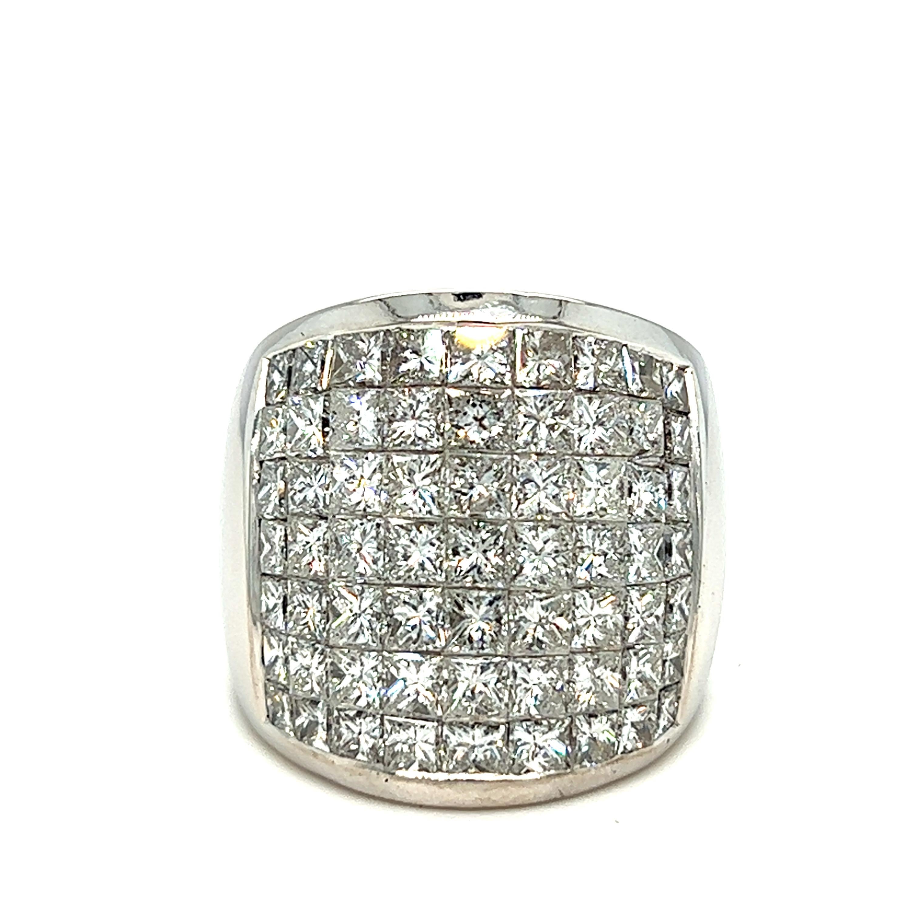 Invisible Set Princess Cut Diamond Wide Band Dome Ring 18k White Gold In Excellent Condition For Sale In beverly hills, CA