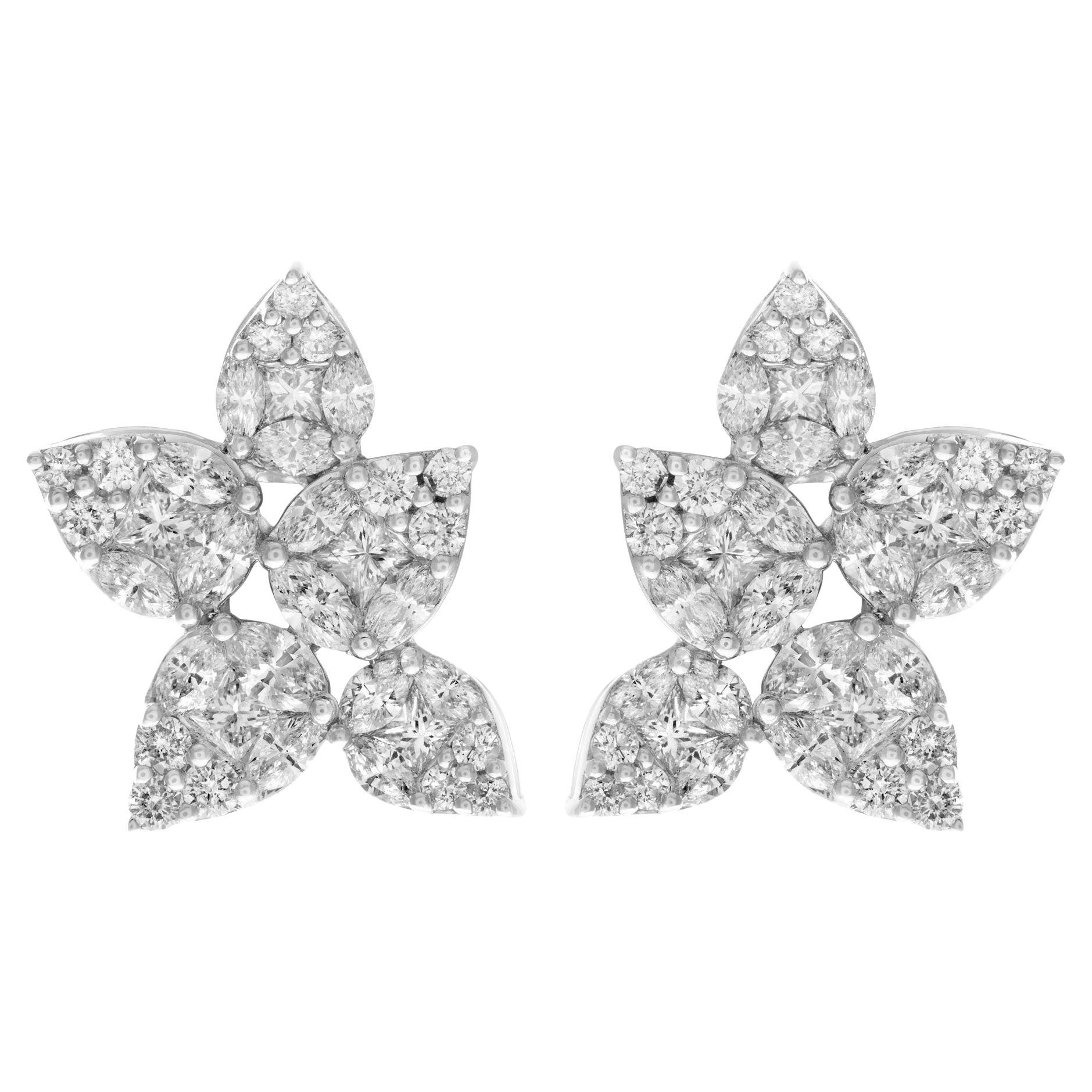 Invisible Set Princess & Round Cut Diamonds Flower Earrings in 18k White Gold