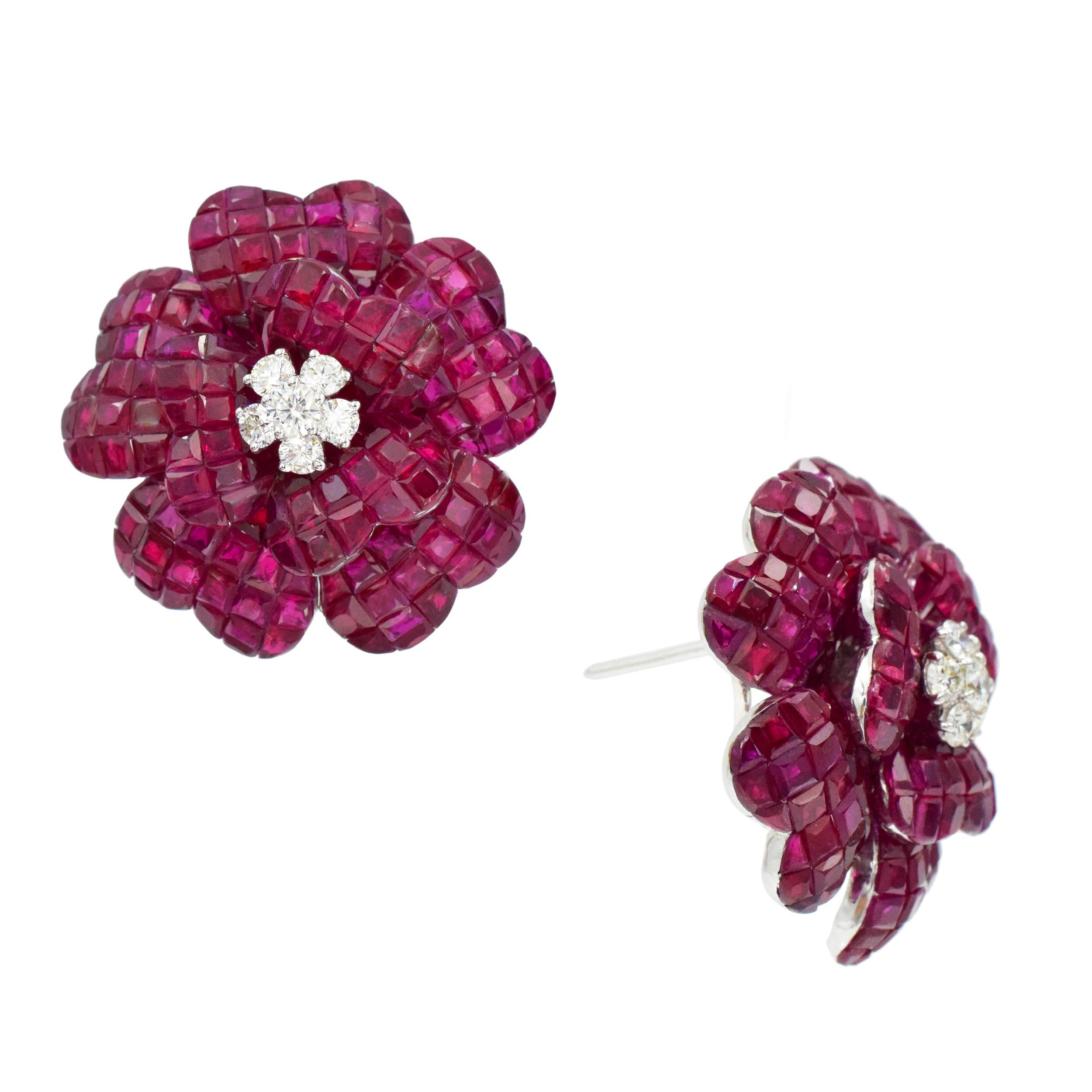 Artist Invisible Set Ruby and dDamond Earrings For Sale