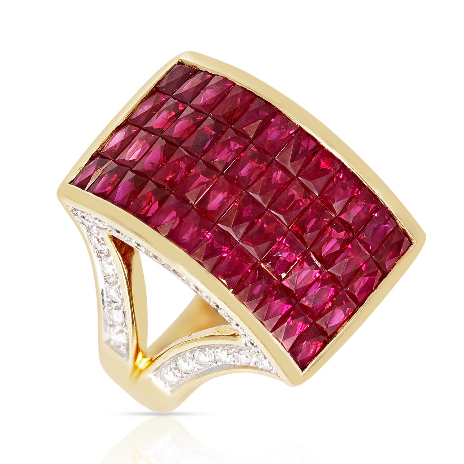 An Invisible-Set Ruby and Diamond Cocktail Ring made in 18k Yellow Gold. The Ring Size is US 9.75. The total weight of the ring is 13.84 grams. 

