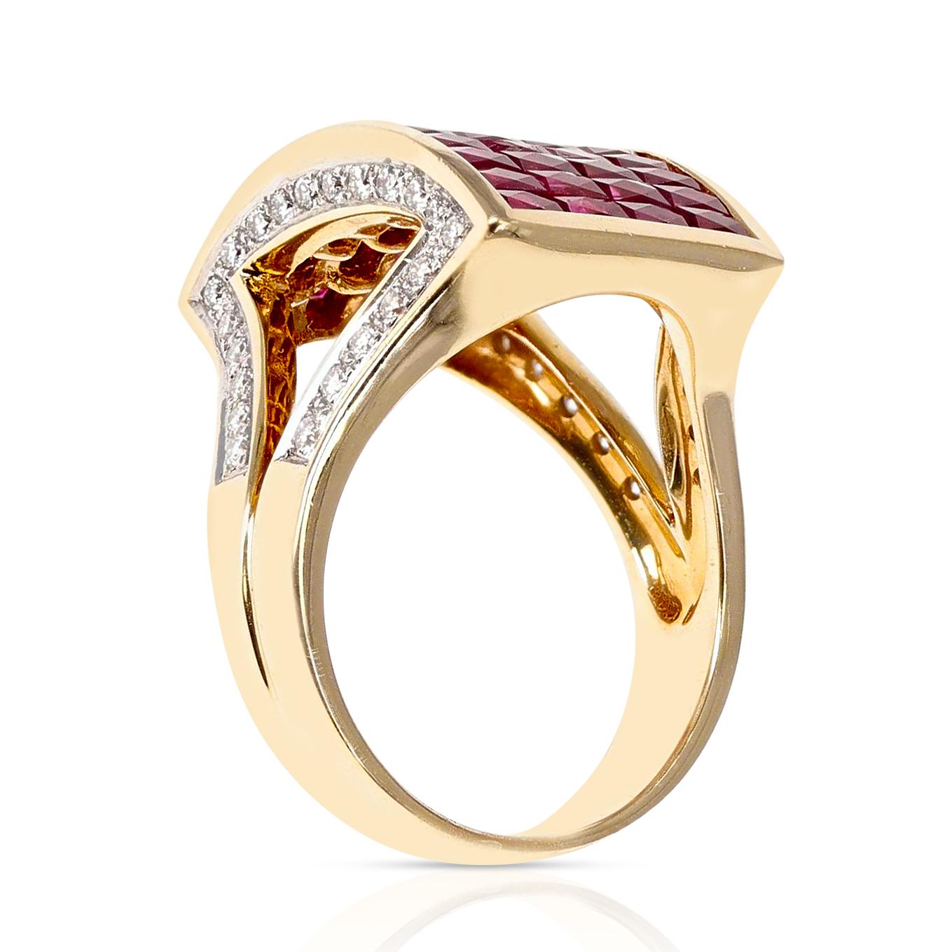 Square Cut Invisible-Set Ruby and Diamond Cocktail Ring, 18k Yellow Gold