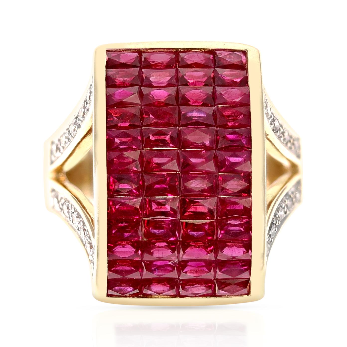 Women's or Men's Invisible-Set Ruby and Diamond Cocktail Ring, 18k Yellow Gold
