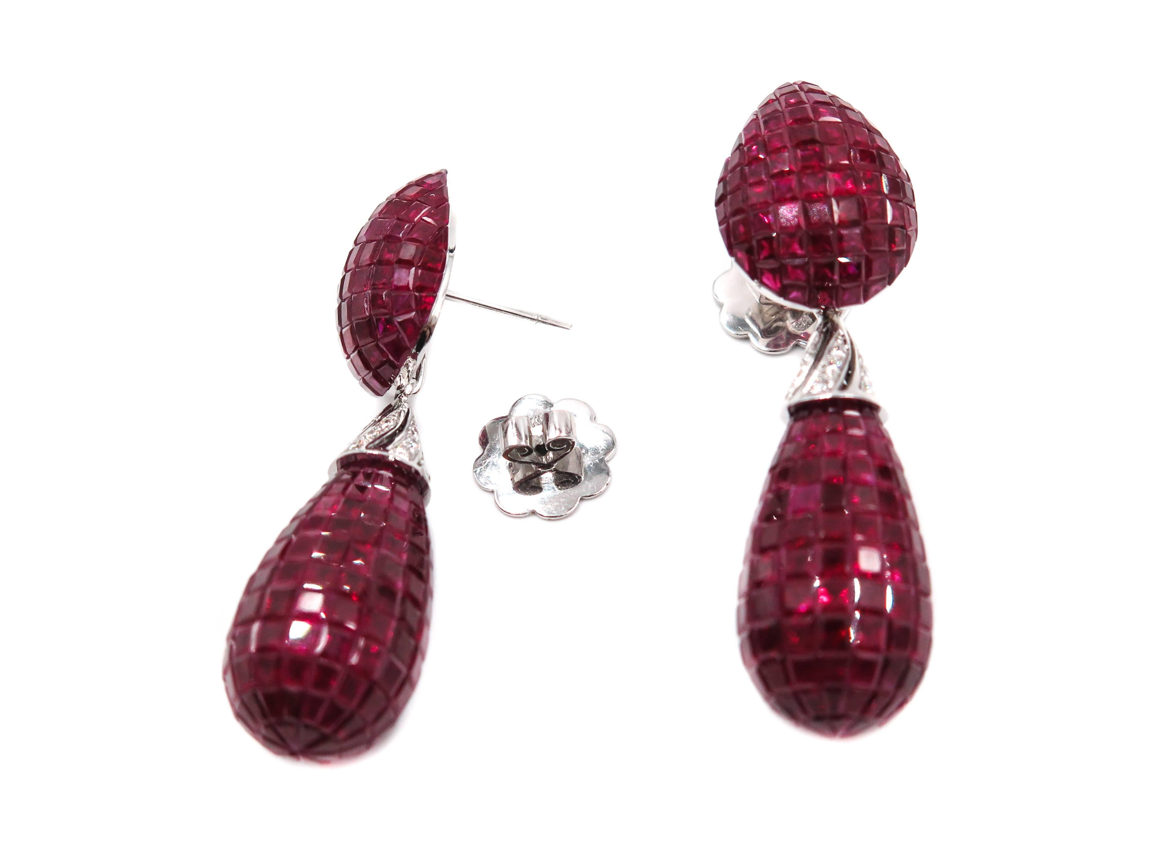 Invisible Set Ruby and Diamond Drop Earrings In New Condition In Greenwich, CT
