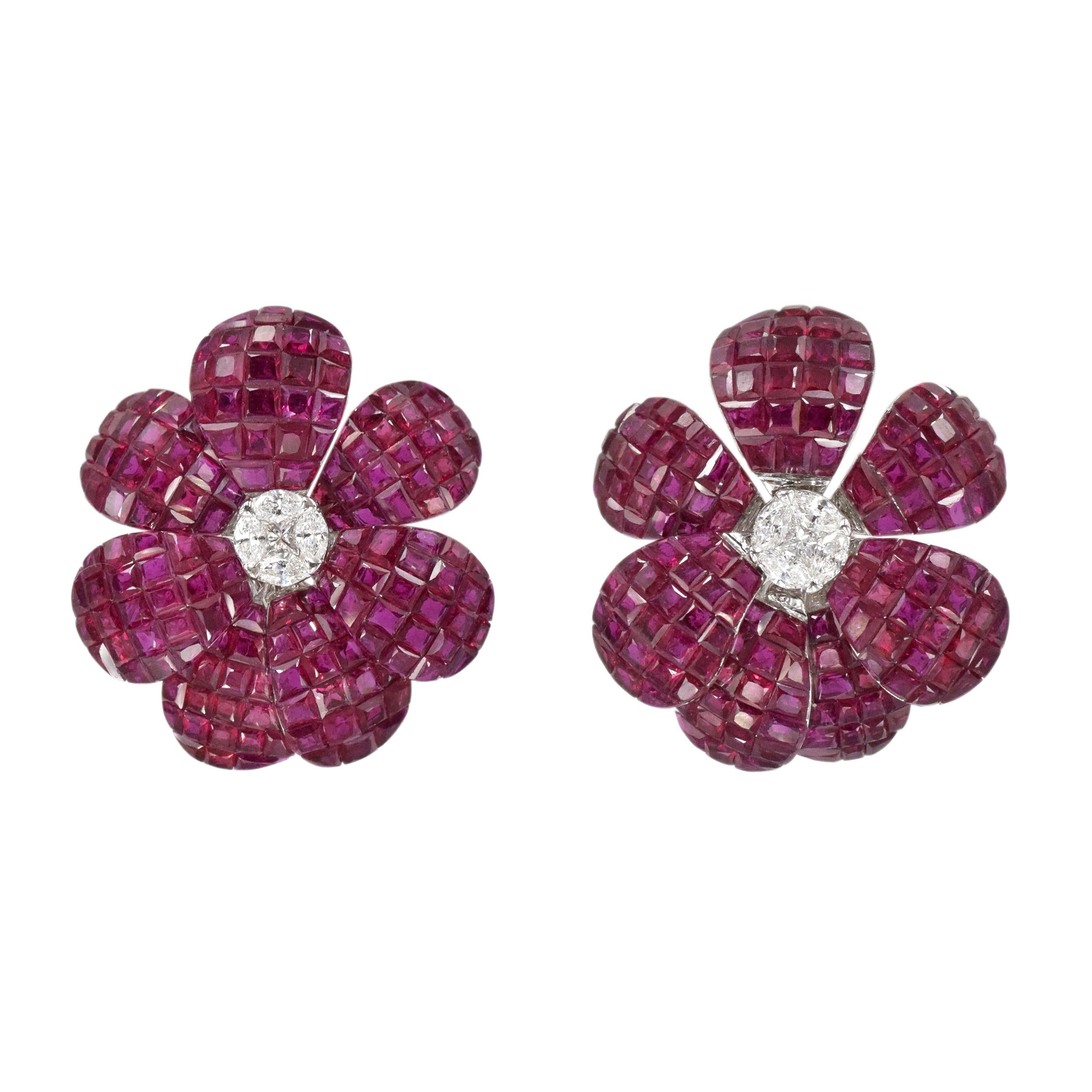 Artist Invisible Set Ruby and Diamond Earrings