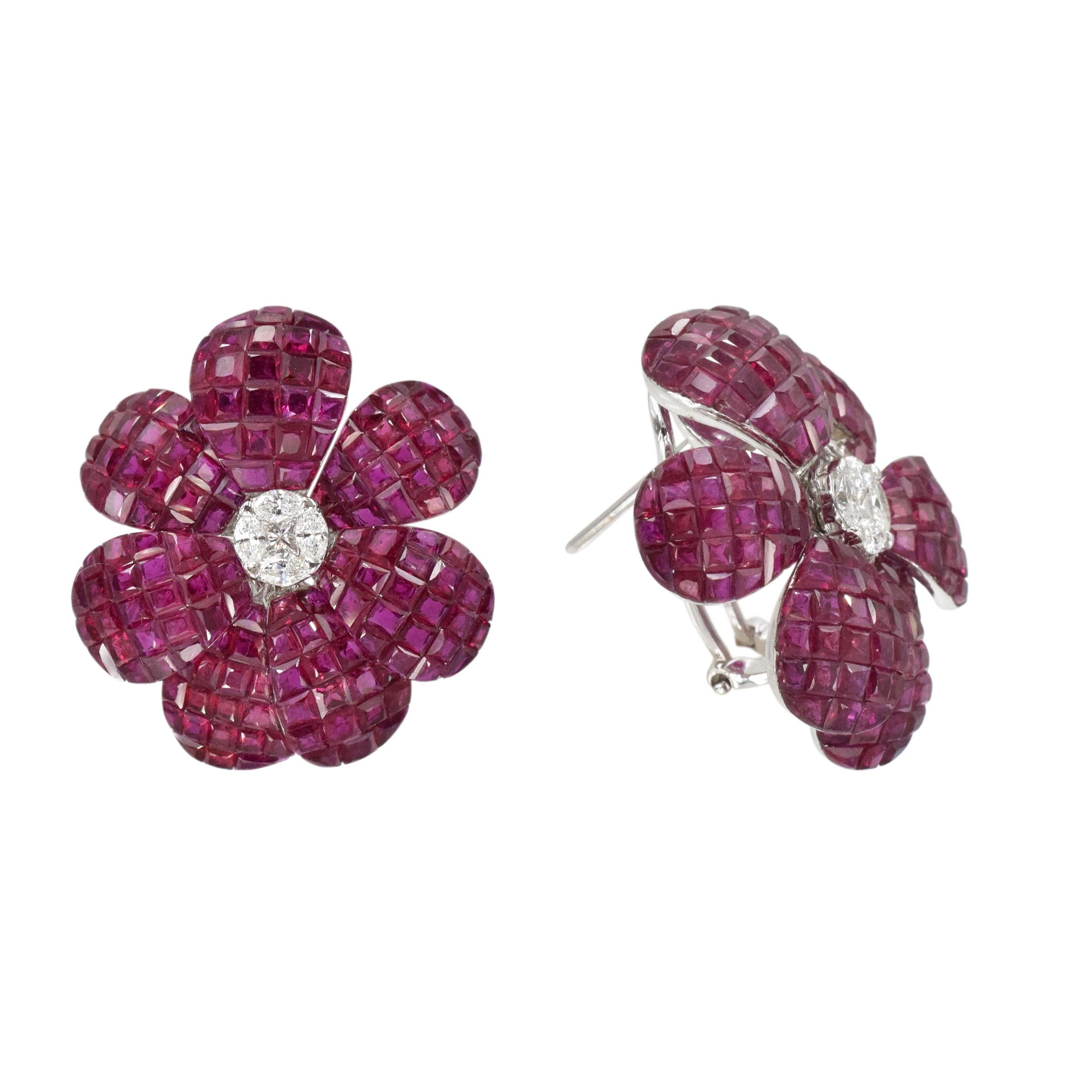 Invisible Set Ruby and Diamond Earrings In New Condition In New York, NY