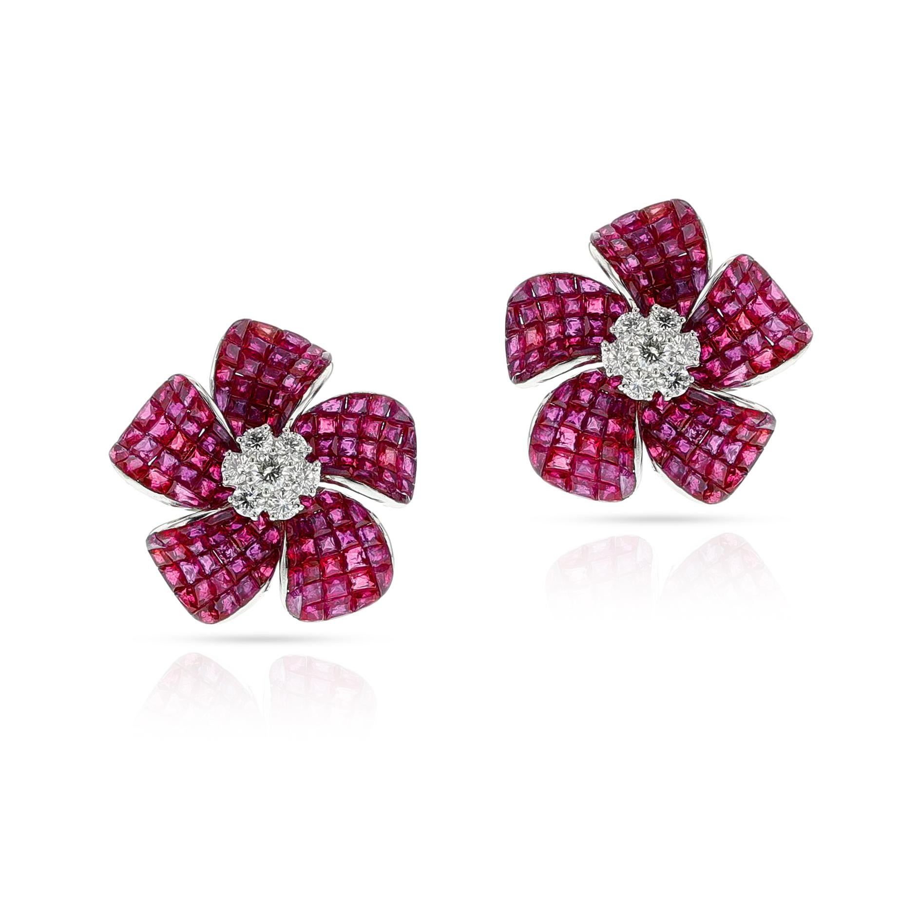 Square Cut Invisible-Set Ruby and Diamond Flower Cocktail Earrings, 18k For Sale