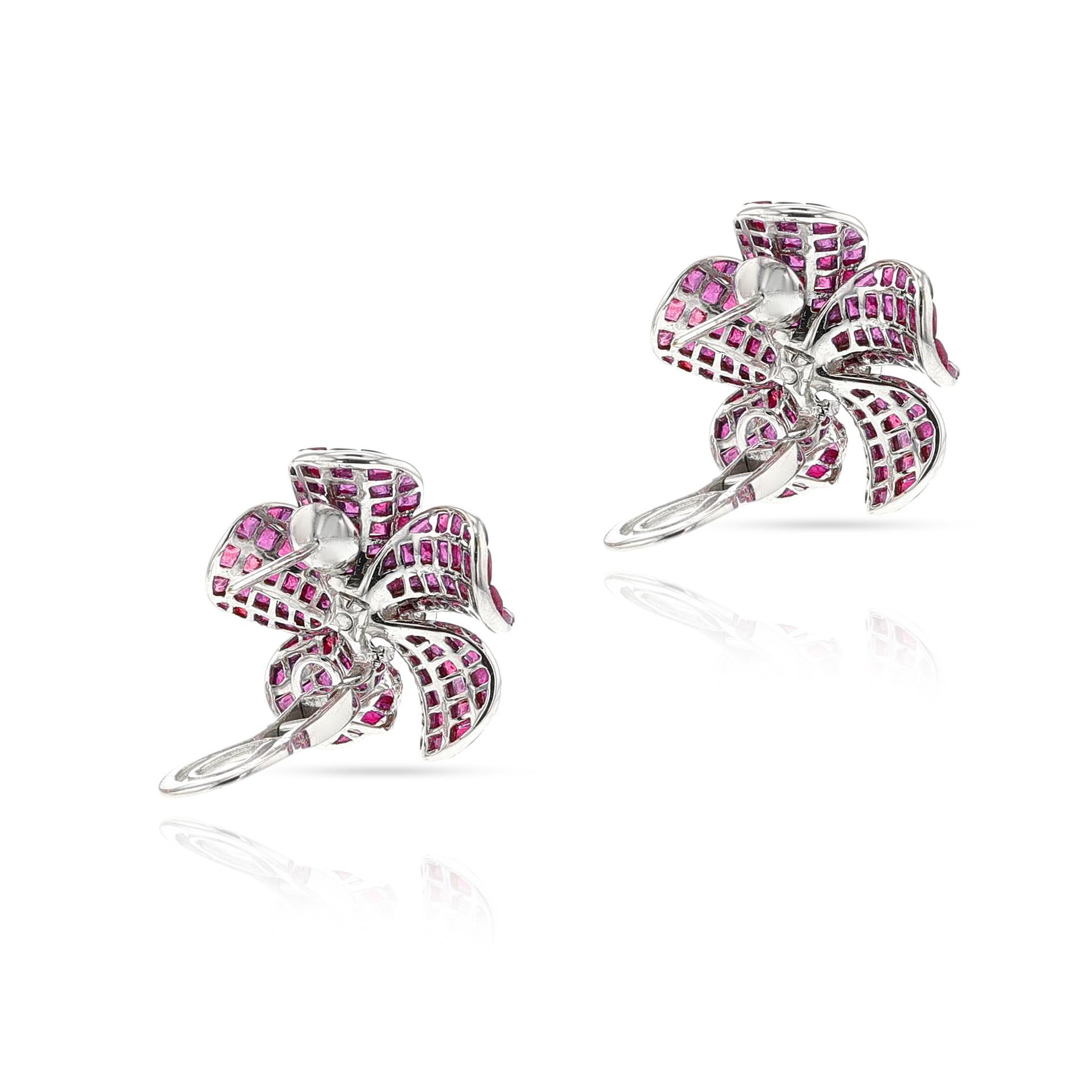 Invisible-Set Ruby and Diamond Flower Cocktail Earrings, 18k In Excellent Condition For Sale In New York, NY