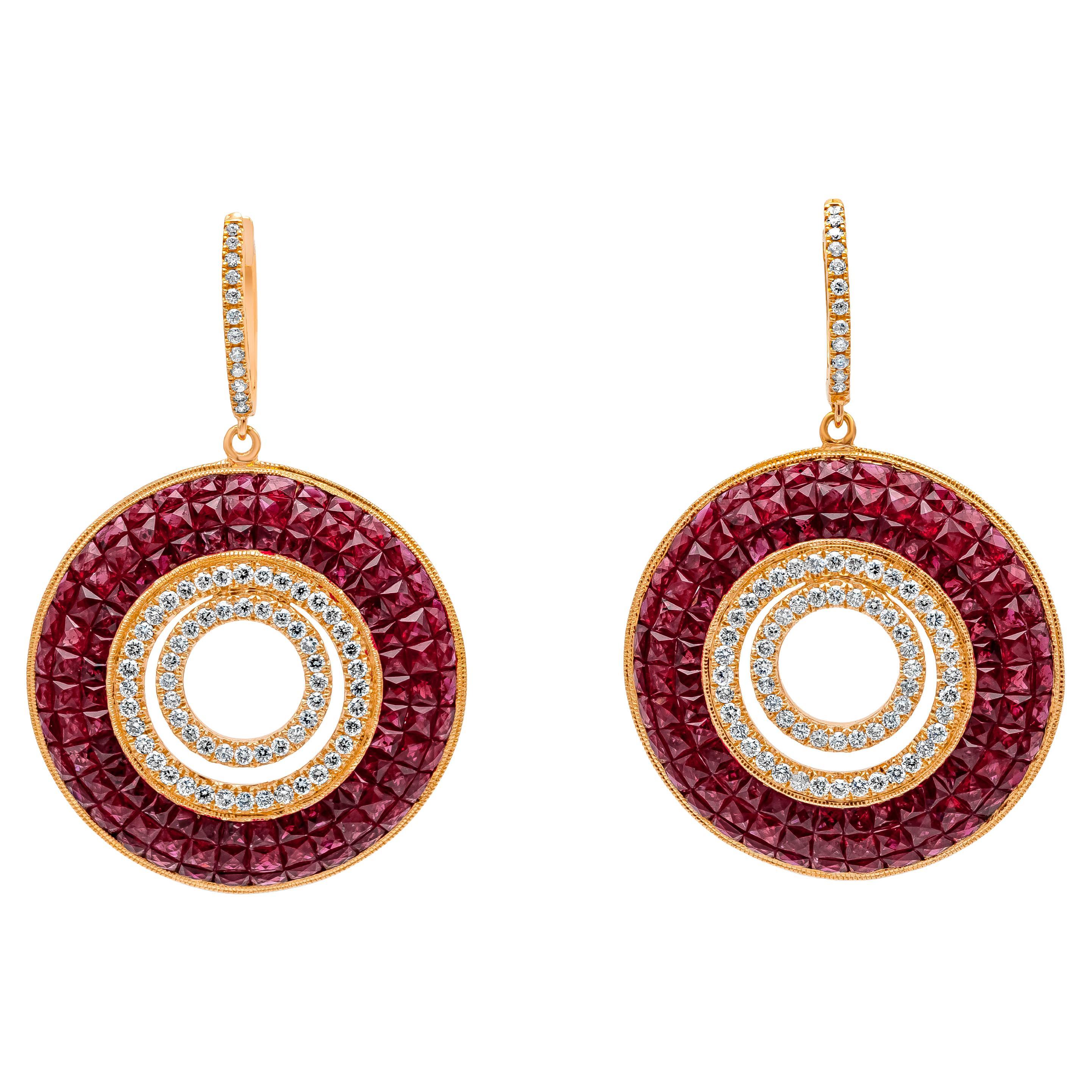 Invisible Set Ruby and Diamond Open-Work Circular Dangle Earrings