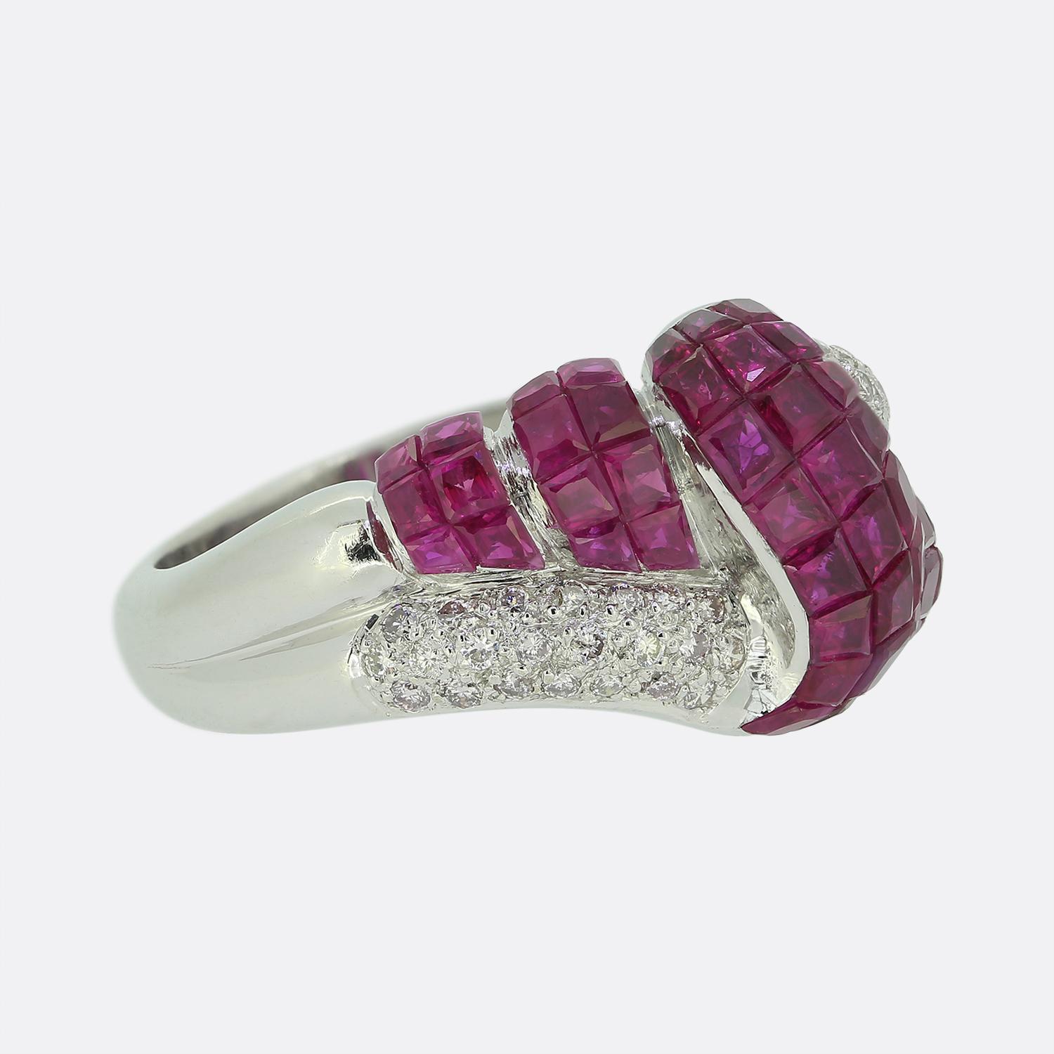 Brilliant Cut Invisible Set Ruby and Diamond Swirl Ring For Sale