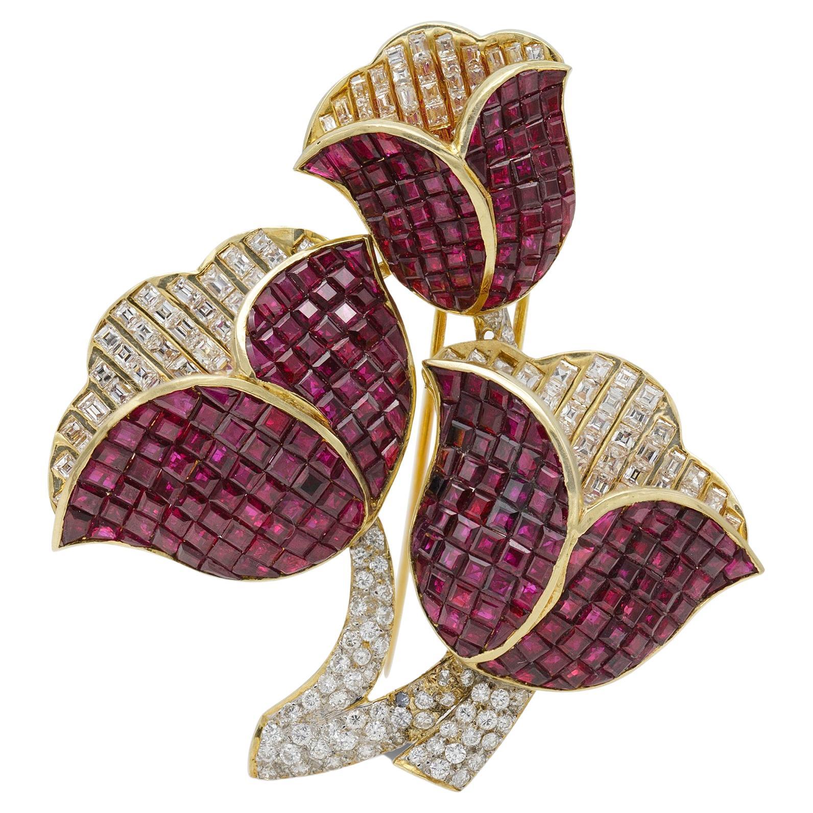 Invisible Set Ruby and Diamond Tulip Brooch For Sale