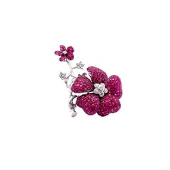Invisible-Set Ruby Diamond 18K White Gold Bloom Flower Brooch