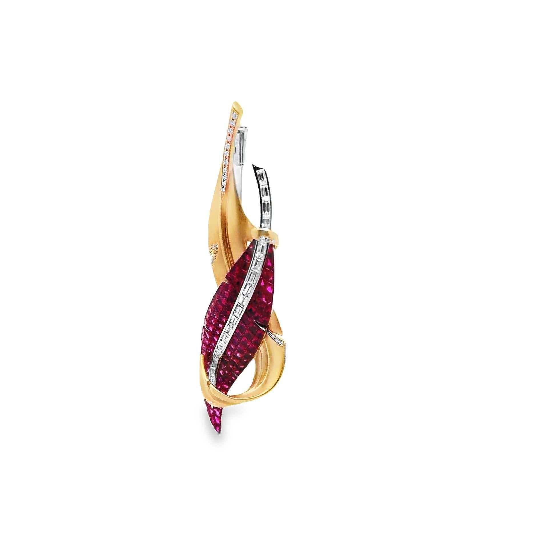Brilliant Cut Invisible-Set Ruby Diamond 18K White & Yellow Gold Feather Pin Brooch, Unisex For Sale