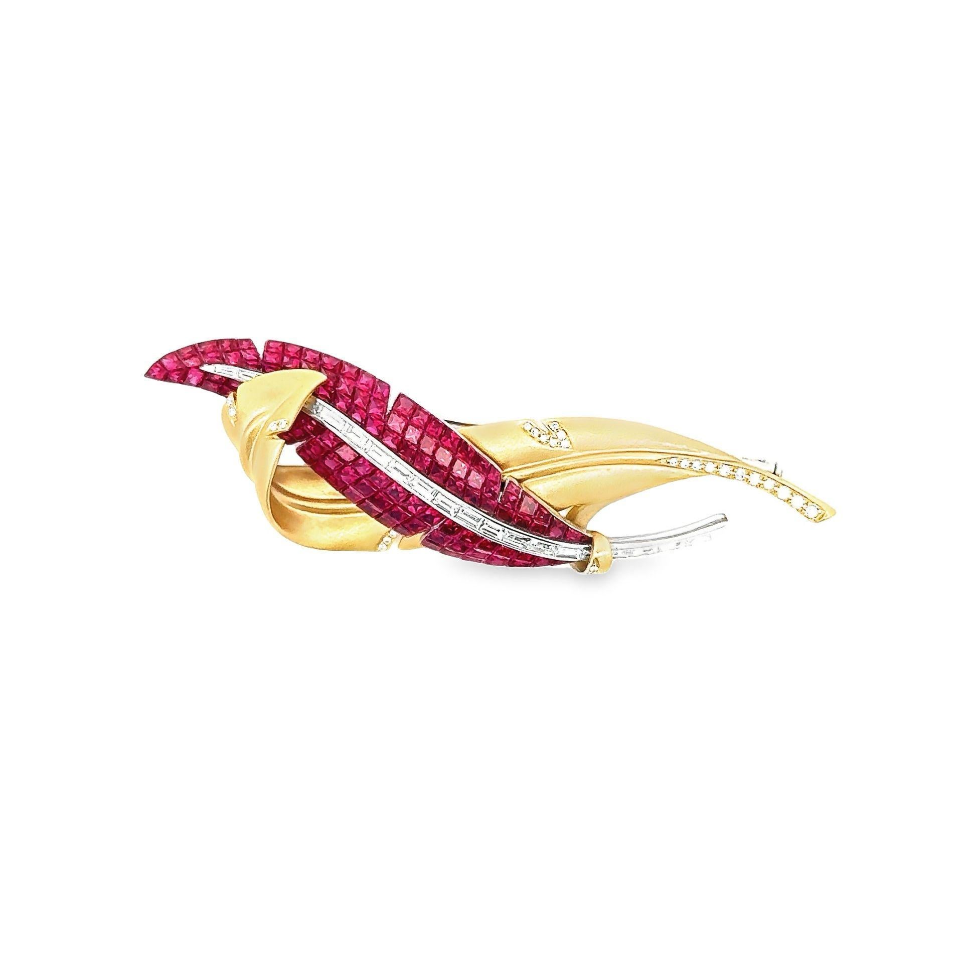 Invisible-Set Ruby Diamond 18K White & Yellow Gold Feather Pin Brooch, Unisex In New Condition For Sale In Beverly Hills, CA
