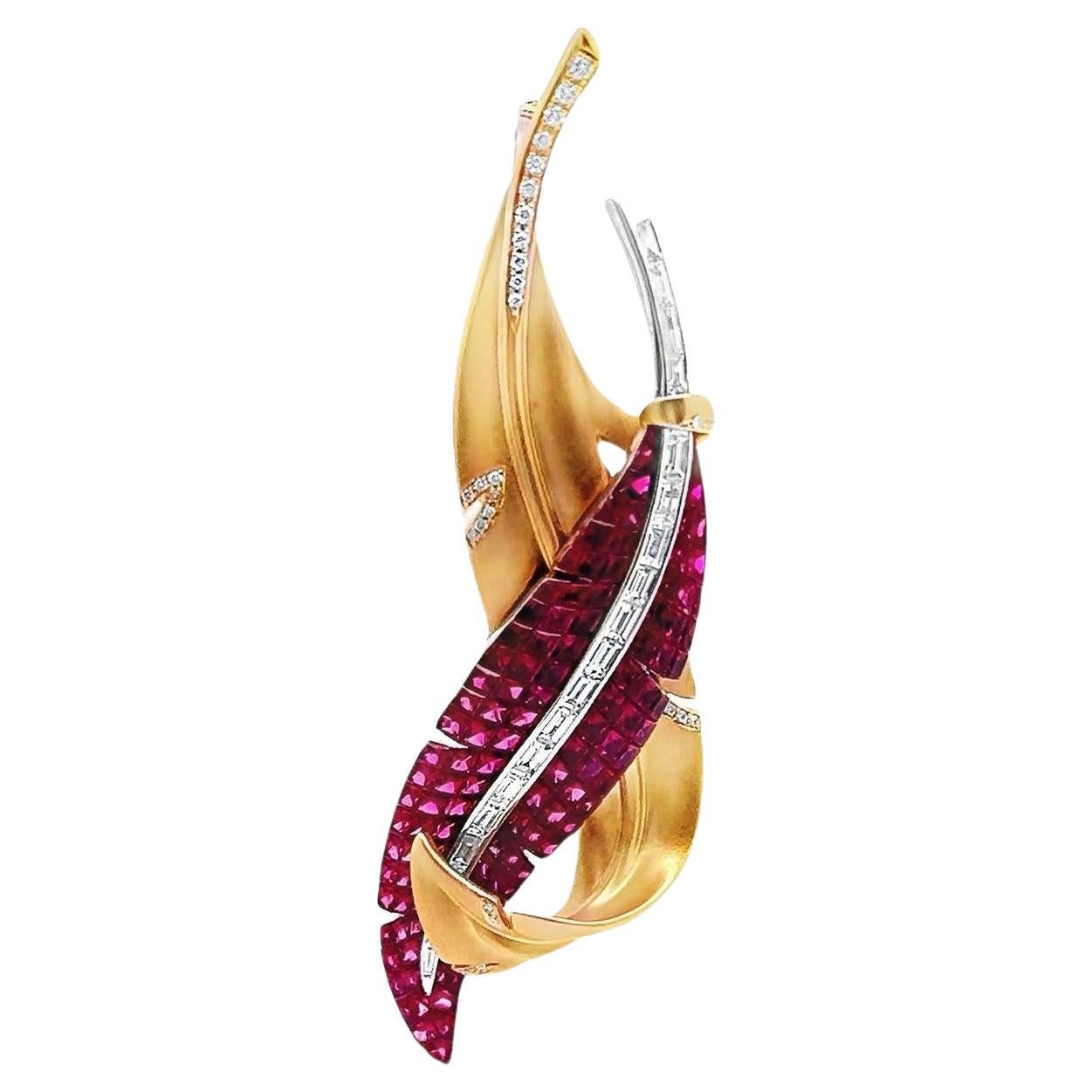 Invisible-Set Ruby Diamond 18K White & Yellow Gold Feather Pin Brooch, Unisex For Sale