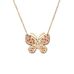 Invisible Set Ruby Diamond Butterfly Necklace Vintage 18k Yellow Gold