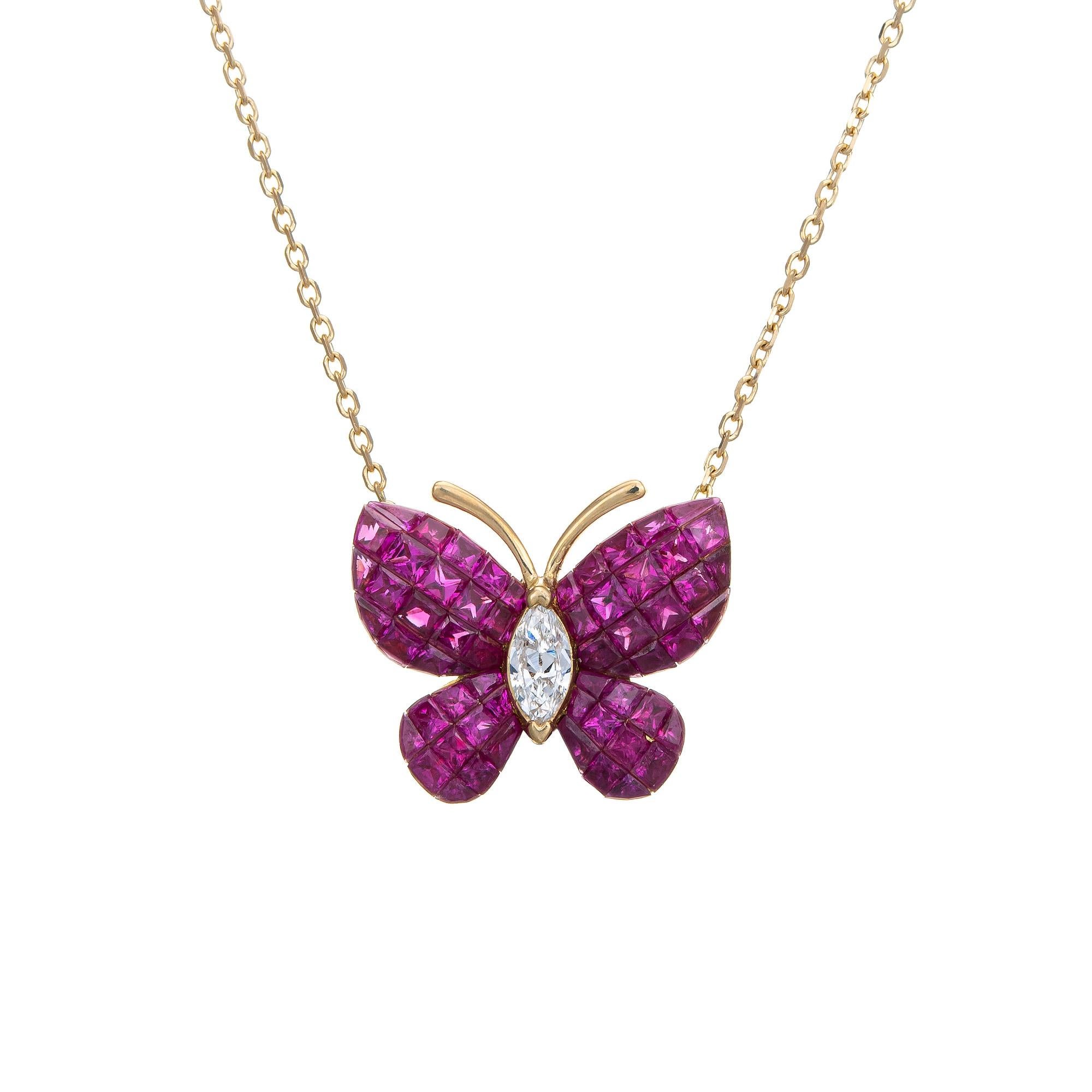 Marquise Cut Invisible Set Ruby Diamond Butterfly Necklace Vintage 18k Yellow Gold