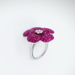 Invisible Set Ruby Diamond Floral Cocktail Ring in 18K White Gold