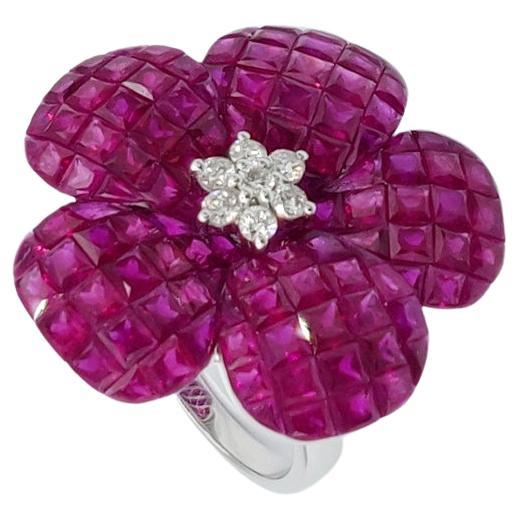Invisible Set Ruby Diamond Floral Cocktail Ring in 18K White Gold