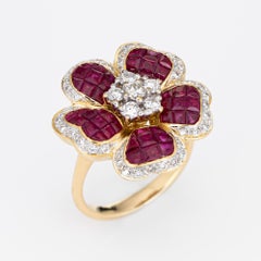 Invisible Set Ruby Diamond Flower Ring Vintage 18k Yellow Gold Cocktail Jewelry