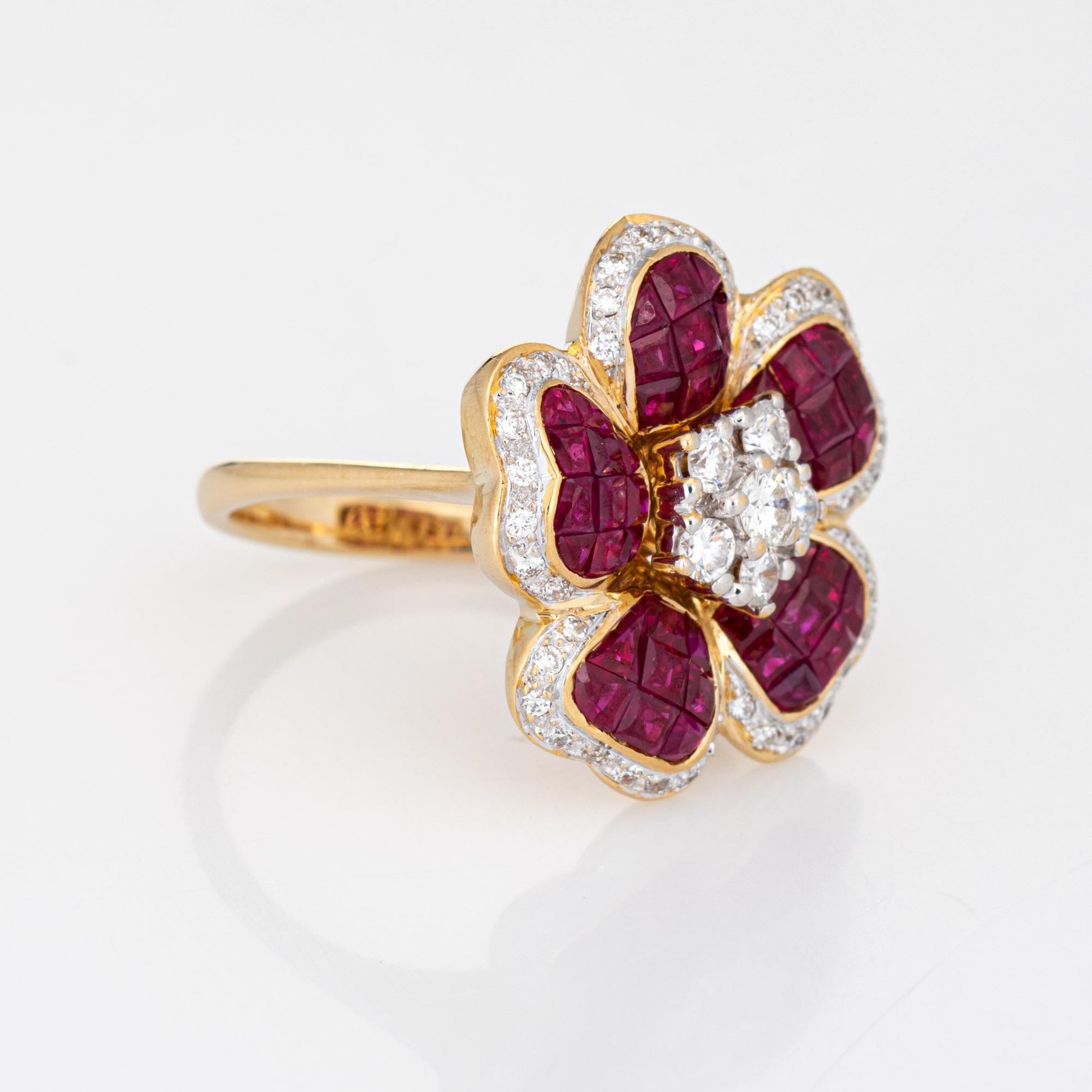 Modern Invisible Set Ruby Diamond Flower Ring Vintage 18k Yellow Gold Cocktail Jewelry