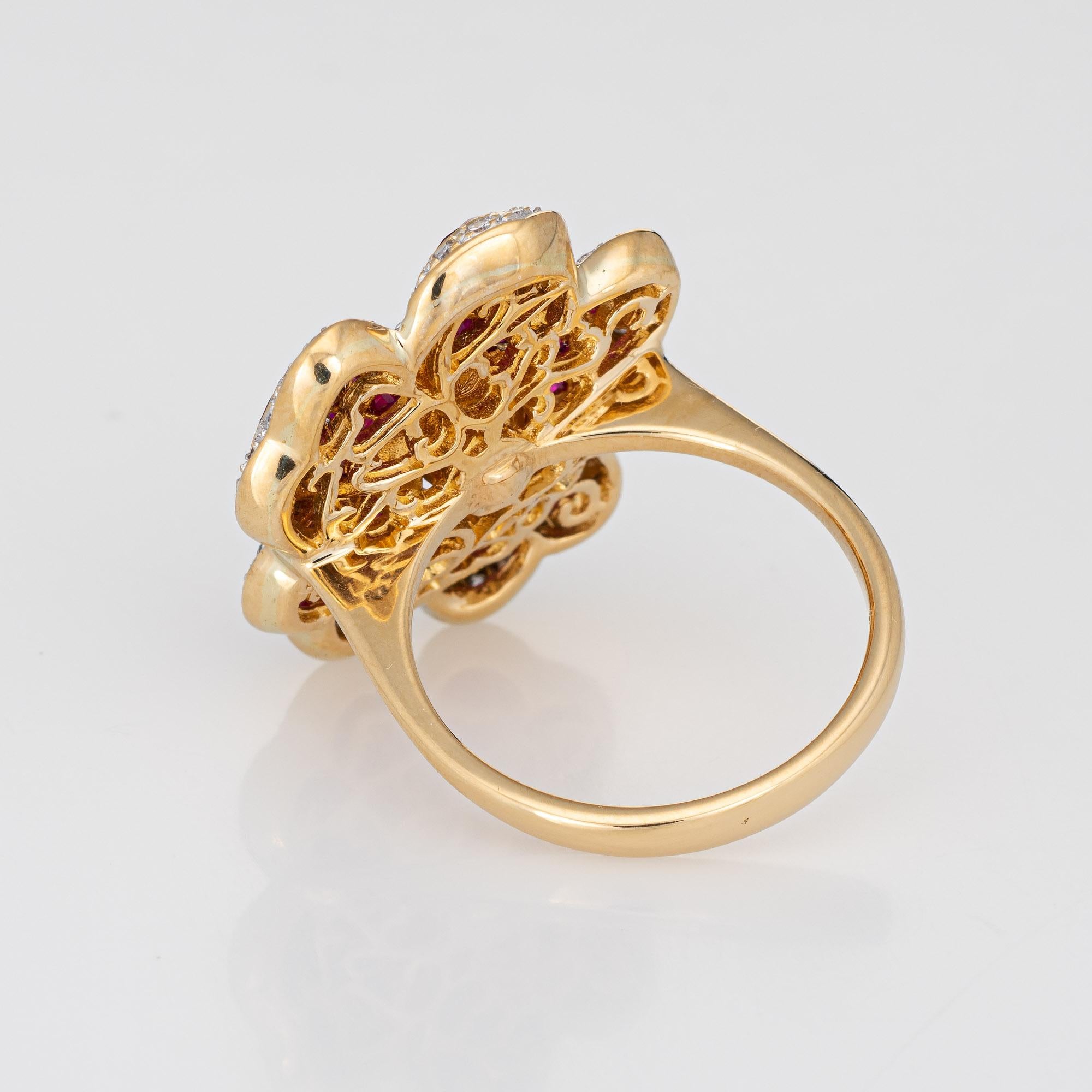 Round Cut Invisible Set Ruby Diamond Flower Ring Vintage 18k Yellow Gold Cocktail Jewelry