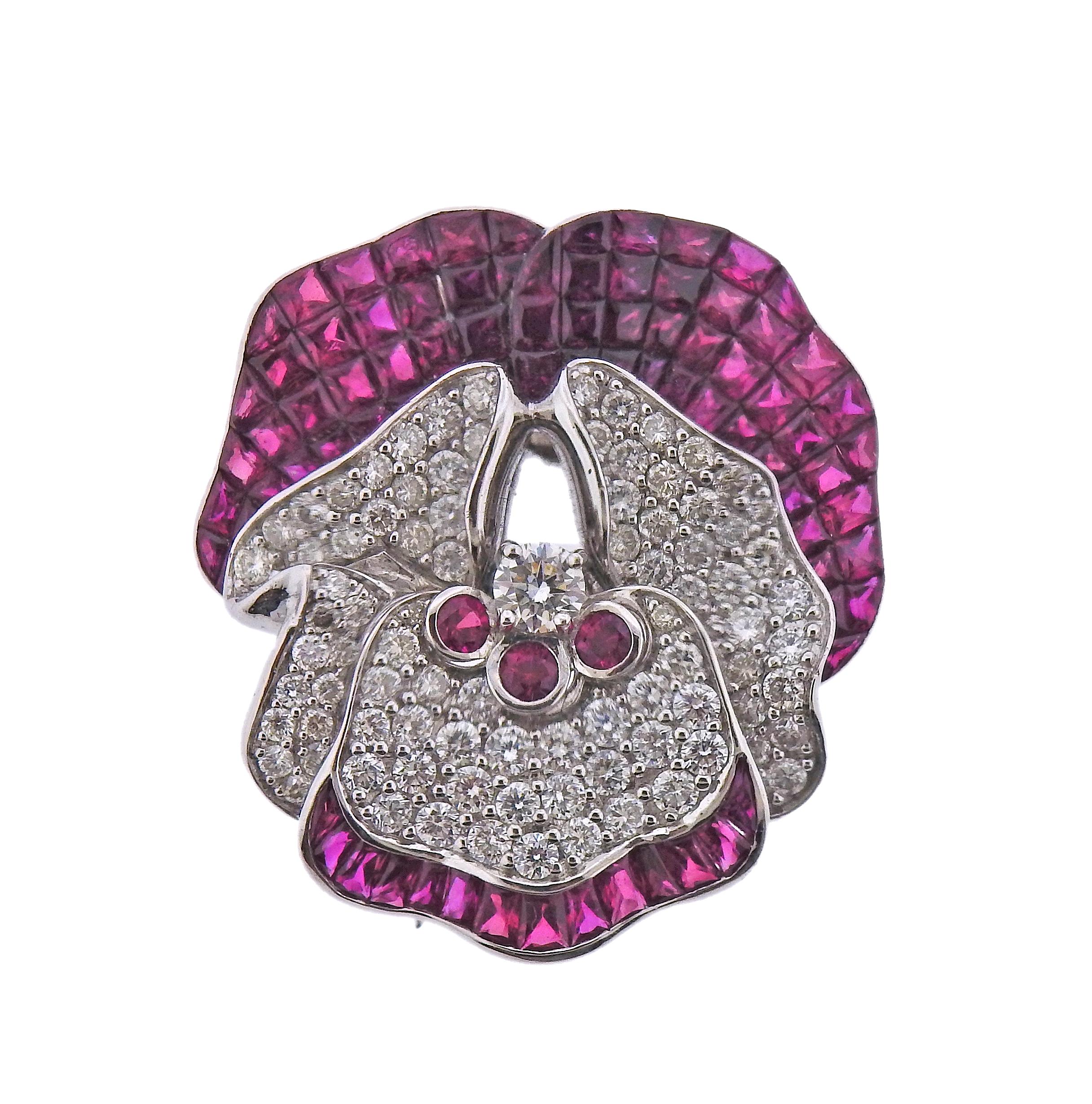 Square Cut Invisible Set Ruby Diamond Gold Pansy Brooch Pin For Sale