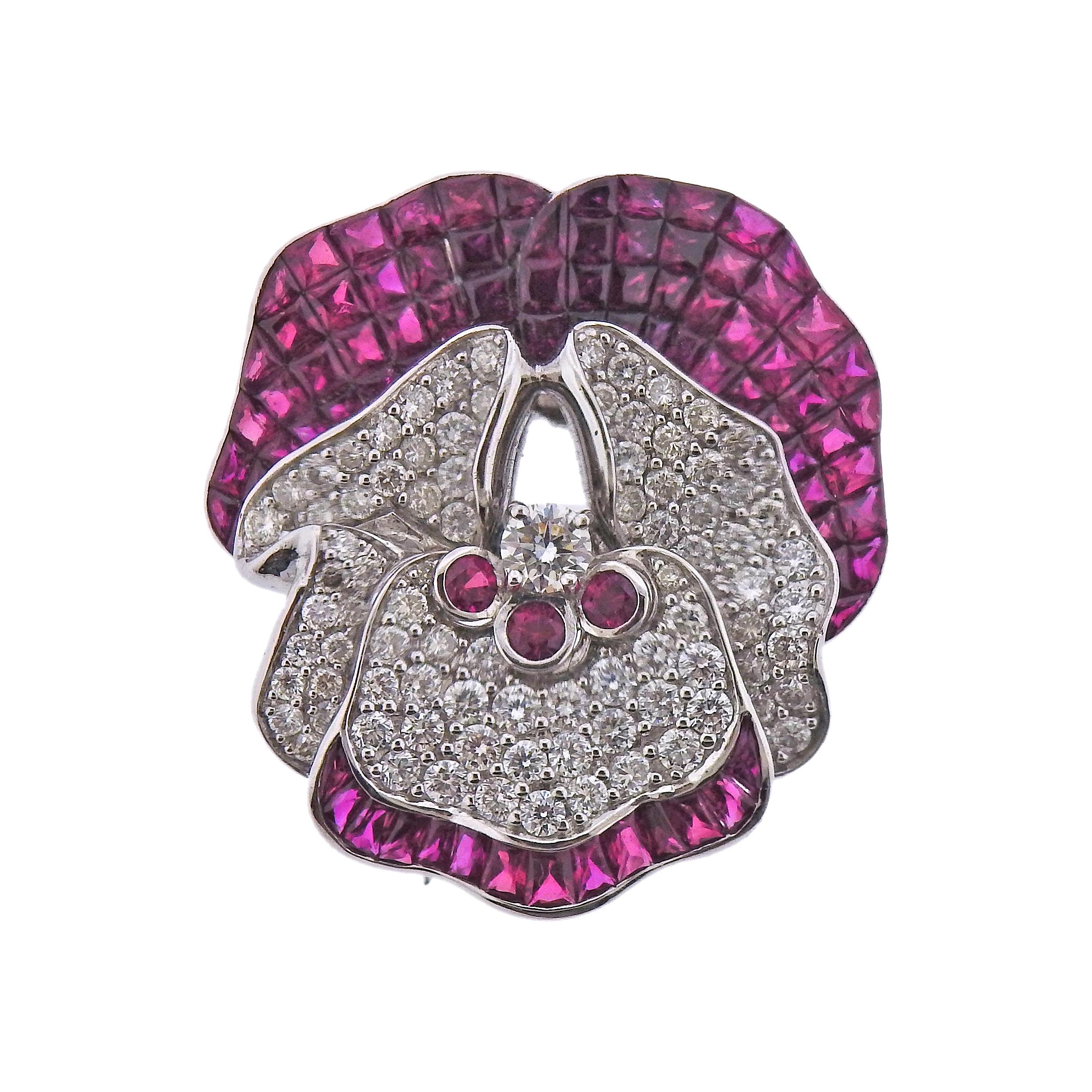 Invisible Set Ruby Diamond Gold Pansy Brooch Pin