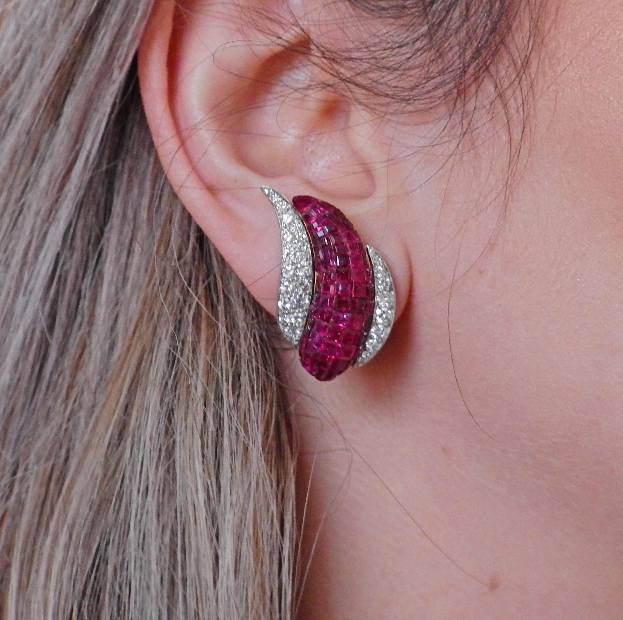Invisible Set Ruby Diamond Gold Platinum Earrings For Sale at 1stDibs ...