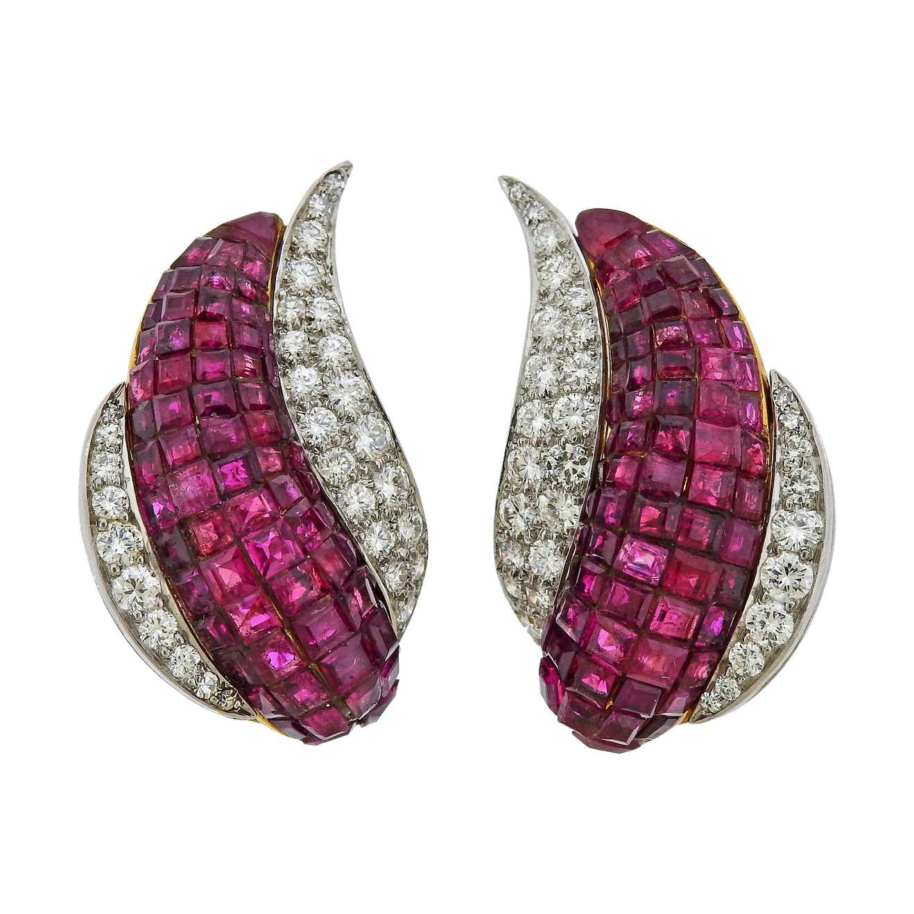 Invisible Set Ruby Diamond Gold Platinum Earrings For Sale at 1stDibs ...