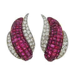 Invisible Set Ruby Diamond Gold Platinum Earrings