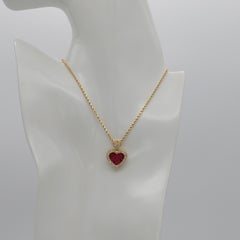 Invisible-Set Ruby & Diamond Heart 14 Karat Yellow Gold Pendant on Rope Chain Ne