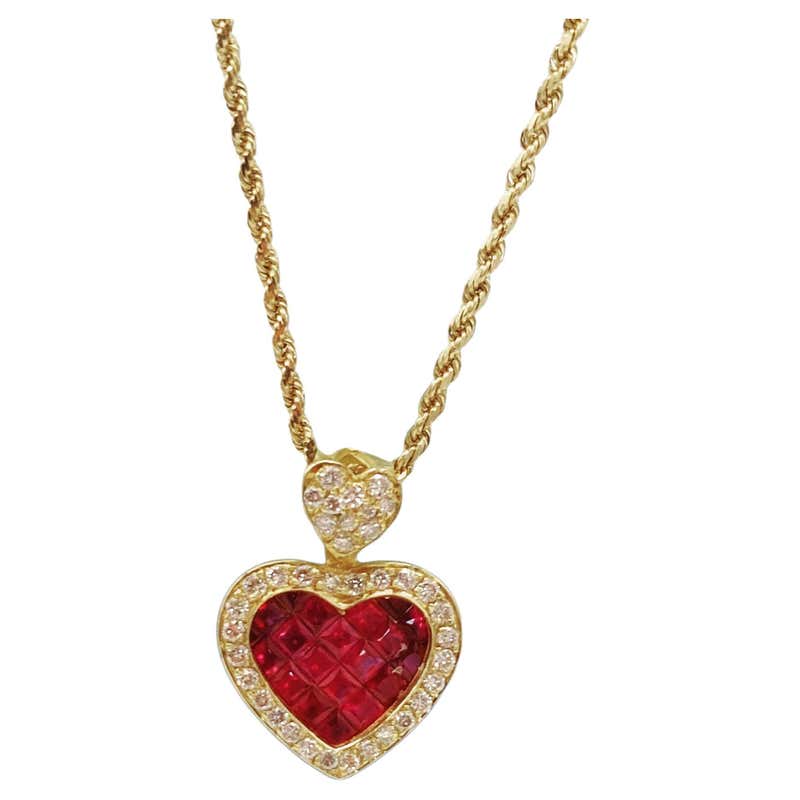 ME&RO 18K Yellow Gold Diamond and Ruby Heart Necklace Size 18