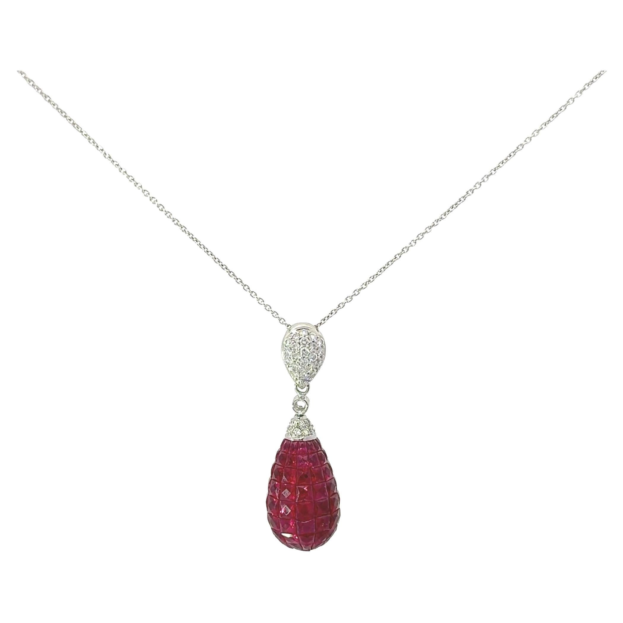 Collar Colgante Gota Rubí Diamante Platino Engaste Invisible