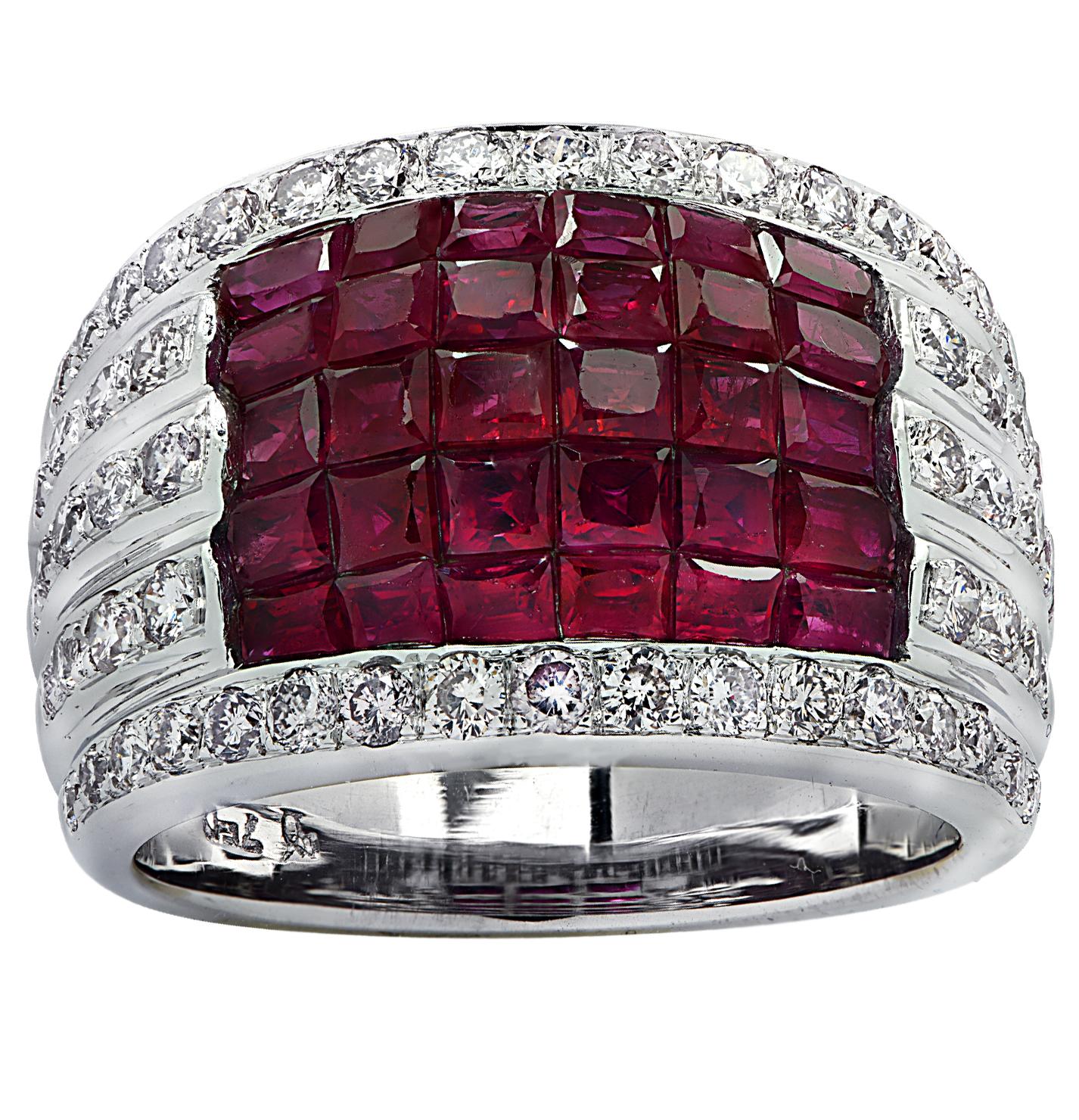 Stunning ruby and diamond ring crafted in 18 karat white gold, featuring 60 round brilliant cut diamonds weighing approximately 1.20 carats total, G-H color VS-SI clarity, and 30 square step cut rubies weighing approximately 2.40 carats total. The